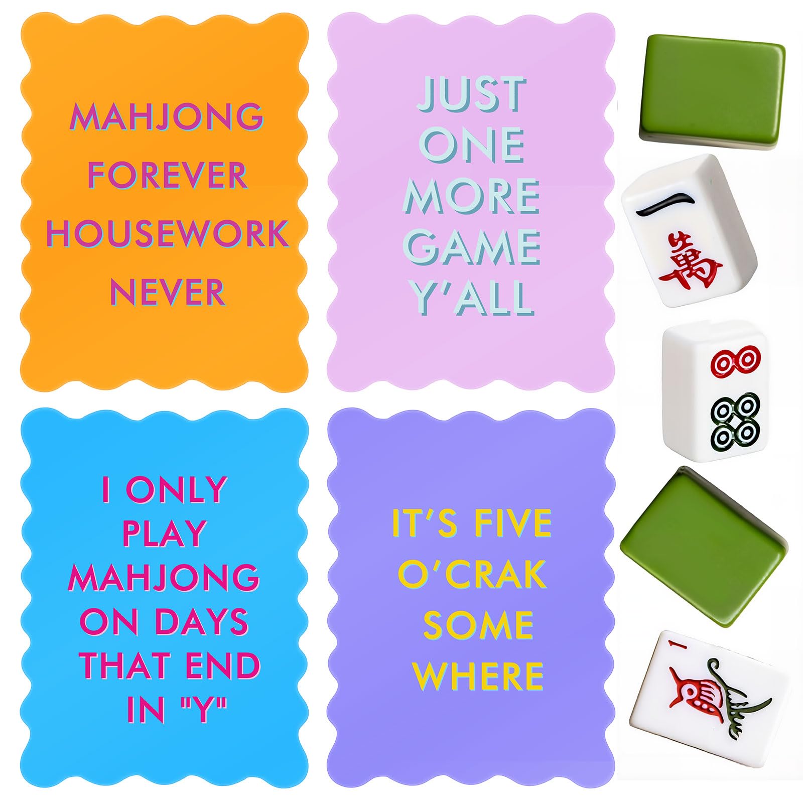 Maitys 4 Pcs Color Mahjong Shuffler Cards with Funny Sayings for Mixing Shuffling Tiles Thick PVC Shufflers with Wavy Scalloped Edges Mahjong