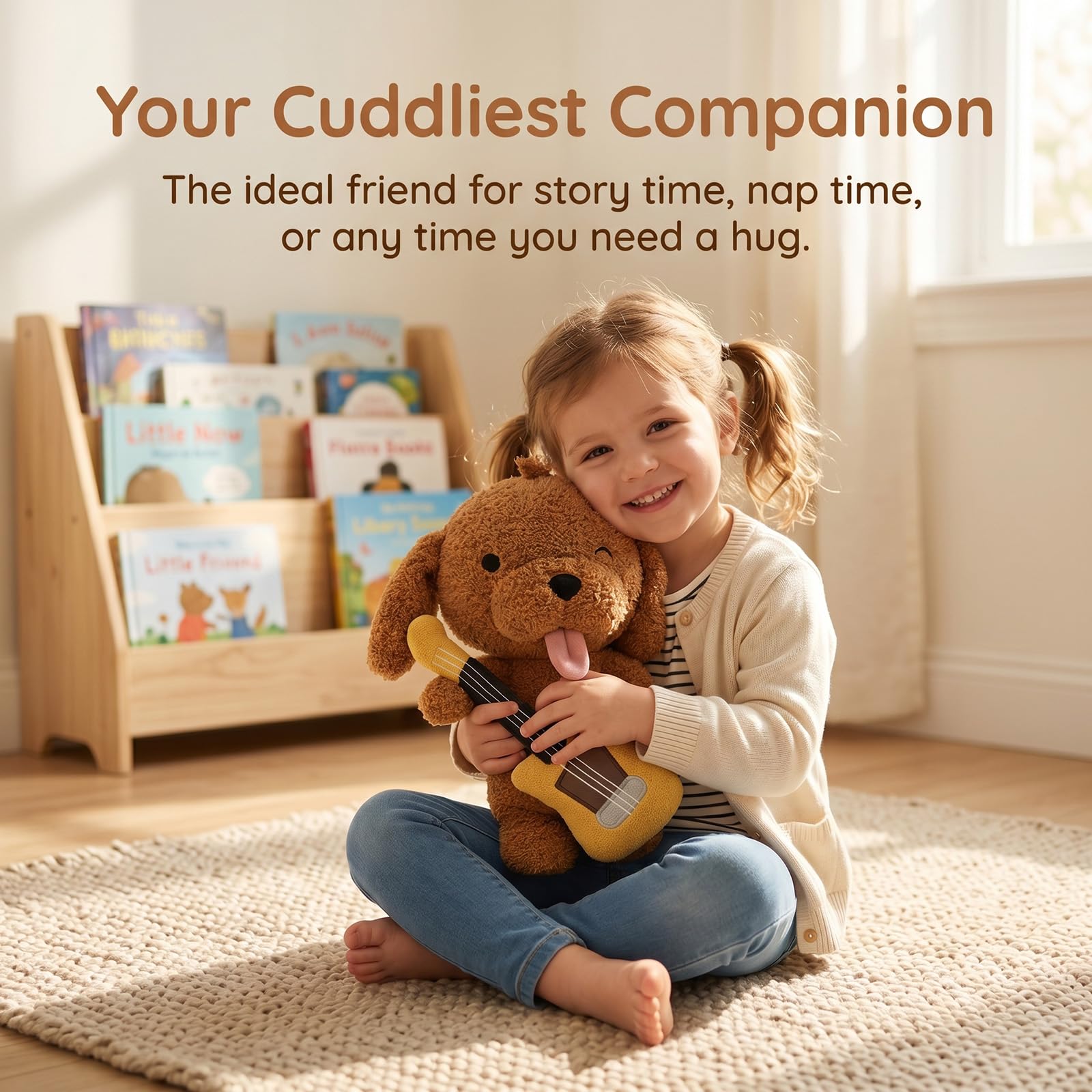 Cute Brown Dog Stuffed Animal with Guitar - 10.6 inch Soft Plush Puppy Toy, Winking Musical Doggy Plushie, Kawaii Room Decor & Birthday Gift for Kids