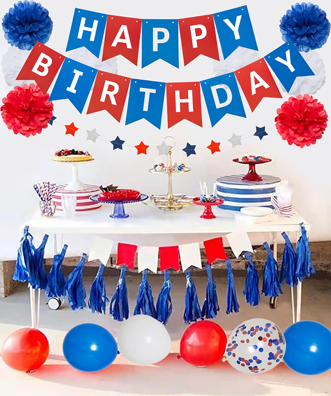 Blue White and Red Birthday Decorations, Patriotic Party Supplies Kit for Men Women Boys Grils, Happy Birthday Banner Paper Pompoms Red Blue Confetti