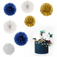 Navy-Blue White Gold Party Decorations - 14pcs Kits Paper Lanterns Fan,Tissue Flower Pom Poms Streamers,Honeycomb Balls,Graduation 2026 Men Birthday