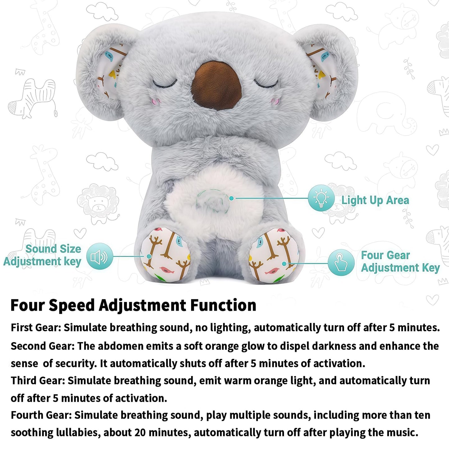 rytopt Breathing Stuffed Animal, Simulated Breathing Sounds, 4 Gear Adjustment, Volume Control, Plush Toy with Music & Light (Koala)