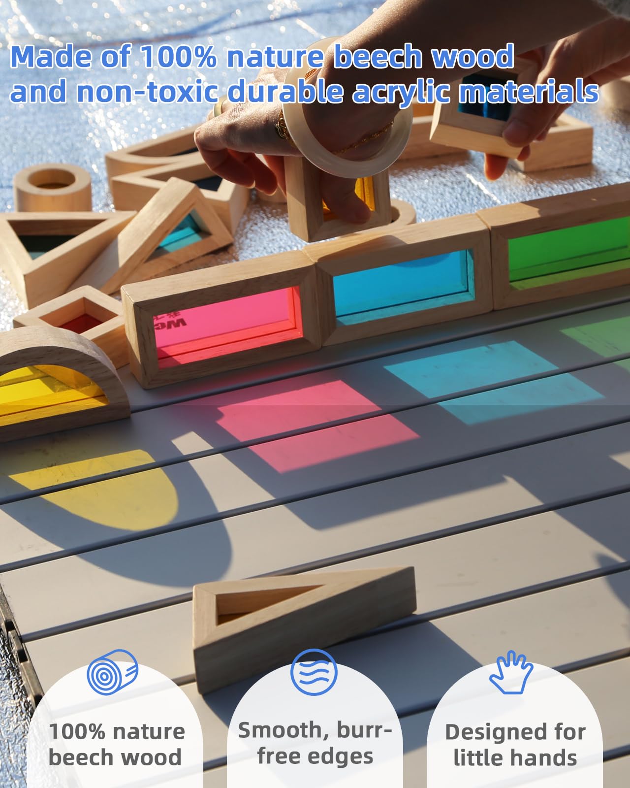JOLKID Wooden Building Blocks with Rainbow Acrylic Windows - 24pc Classic Montessori Stacking Set - Screen-Free Educational STEM Construction Toys
