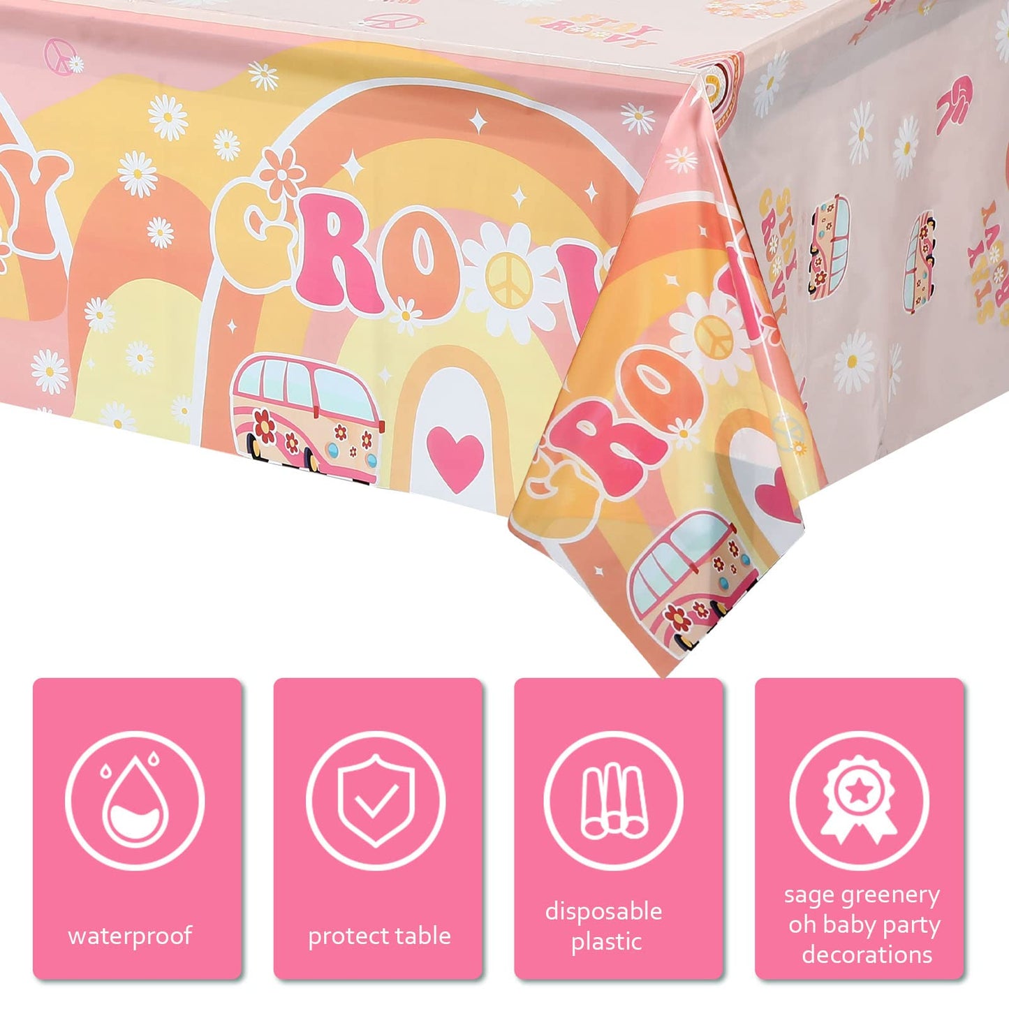3 Pcs Two Groovy Party Plastic Tablecloths Groovy Retro Hippie Boho Party Decorations Rainbow Daisy Flower Rectangle Disposable Table Cover for Girls