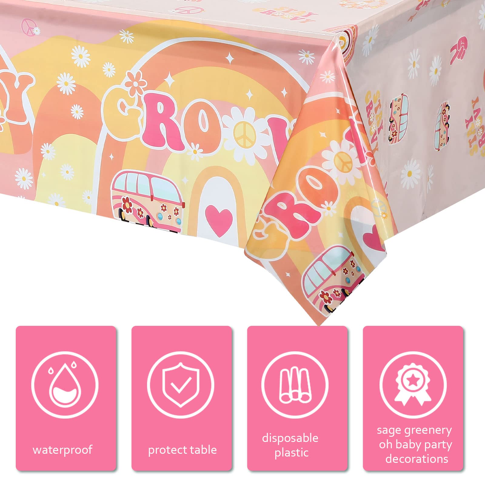 3 Pcs Two Groovy Party Plastic Tablecloths Groovy Retro Hippie Boho Party Decorations Rainbow Daisy Flower Rectangle Disposable Table Cover for Girls
