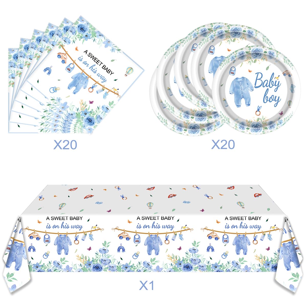 Blue Baby Boy Shower Birthday Tableware Set, 20 Disposable Plates and 20Napkins 1pcs Tablecloth, for Baby Boy Baby Shower Decorations (Blue)