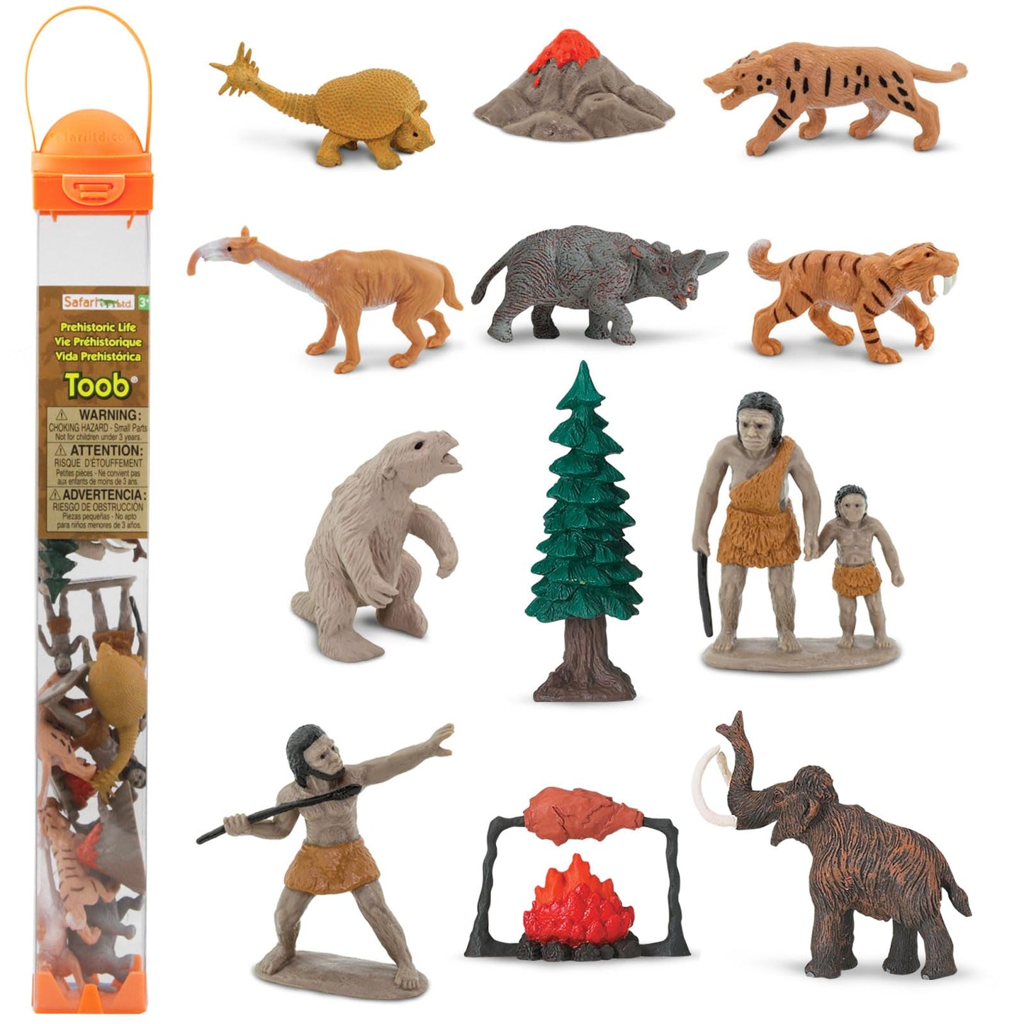 Safari Ltd. Prehistoric Life TOOB - 12 Figurines: Caveman, Cavewoman, Volcano, Mammoth, Doedicurus, Smilodon, Sloth, Dinosaurs - Educational Toy