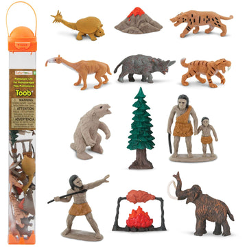 Safari Ltd. Prehistoric Life TOOB - 12 Figurines: Caveman, Cavewoman, Volcano, Mammoth, Doedicurus, Smilodon, Sloth, Dinosaurs - Educational Toy