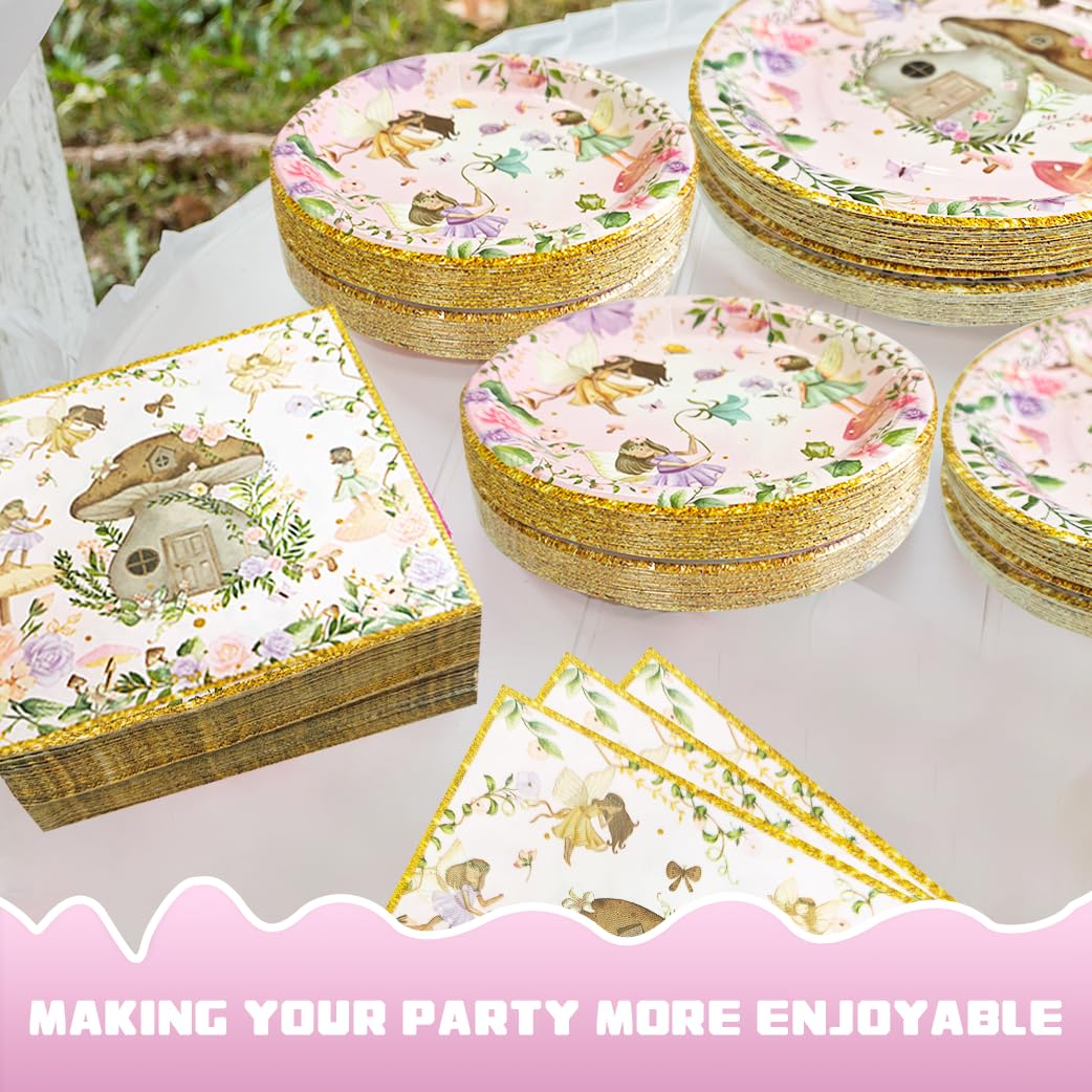 192 Pcs Fairy Party Tableware Set (Serves 48 Guests), Plates, Napkins, Forks, Enchanted Garden Theme for 1st Birthday, Baby Shower, Girls Fairy Party