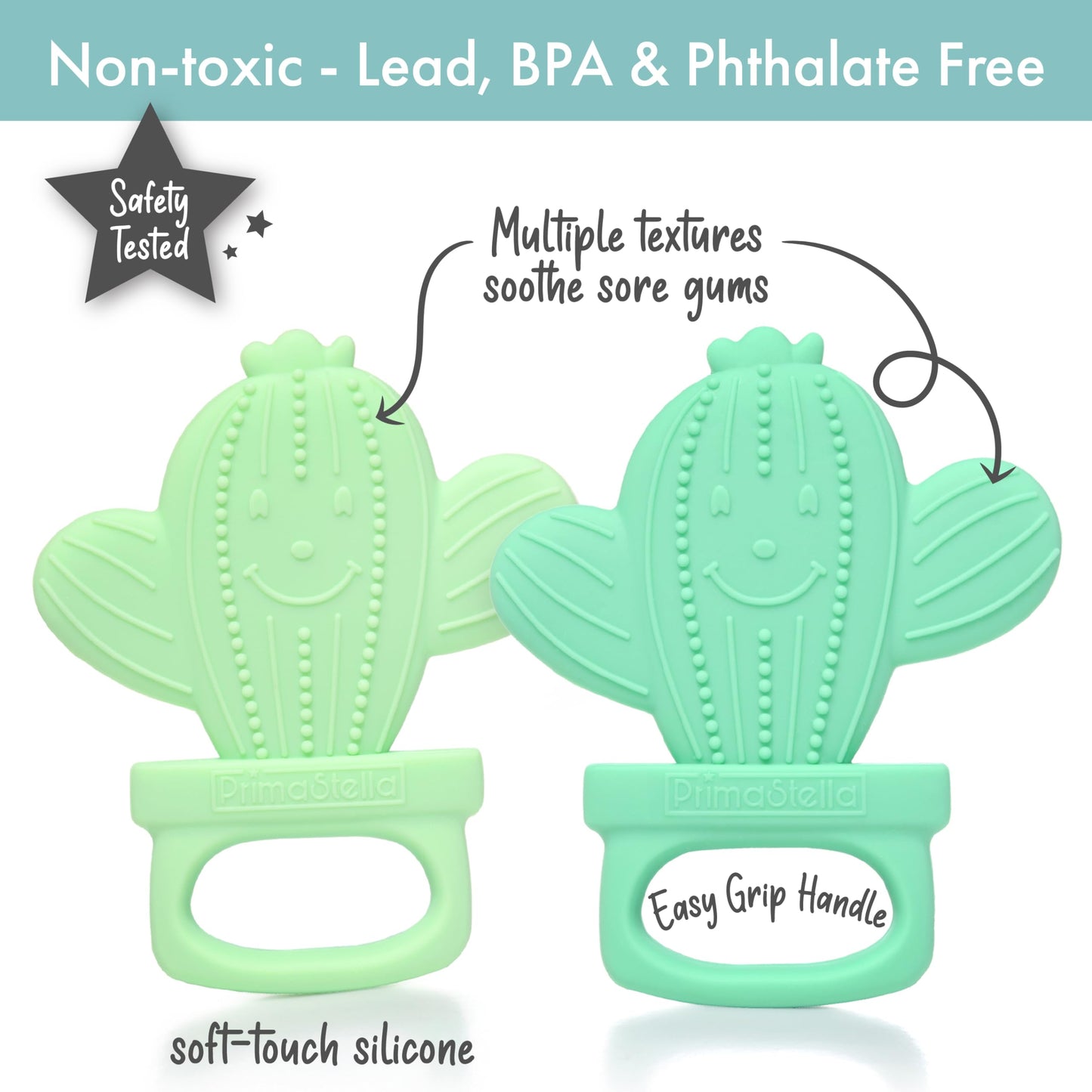 PrimaStella Silicone Cactus Teethers for Infants, Babies and Toddlers - Safety Tested - BPA Free - Cute, Soothing, Easy to Hold - Baby Teether Toy Set