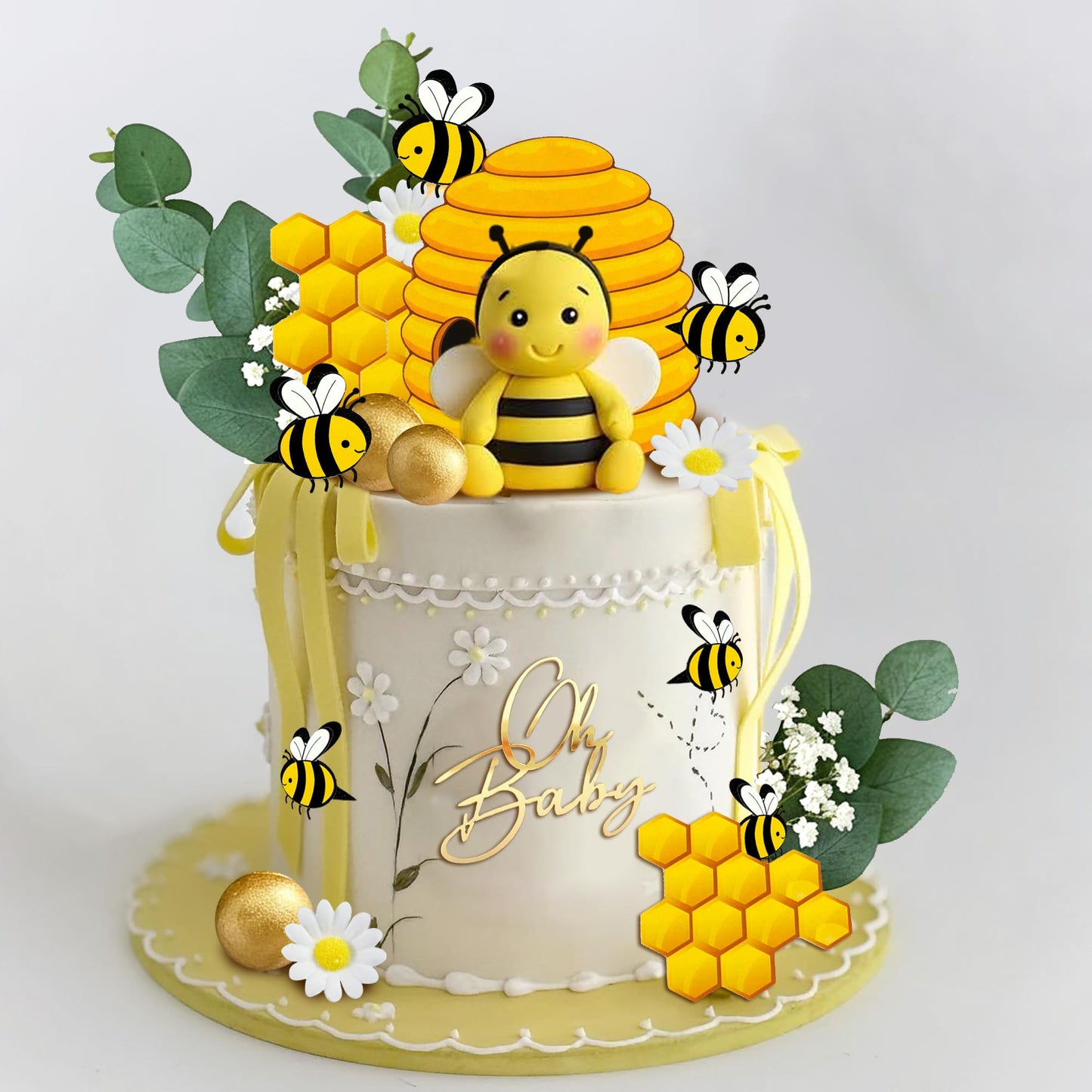 Bee Cake Topper with Bee Ornament Artificial Leaves Flowers Balls for Honeycomb Theme Birthday Supplies