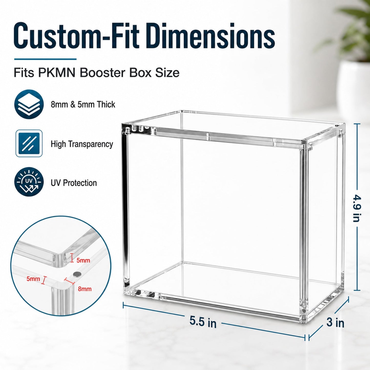 Booster Box Acrylic Case, Rounded Edge 8mm + 5mm Thick Clear Booster Box Protector for PKMN TCG | Magnetic Lid, UV Blocking & Dust Proof Display Case