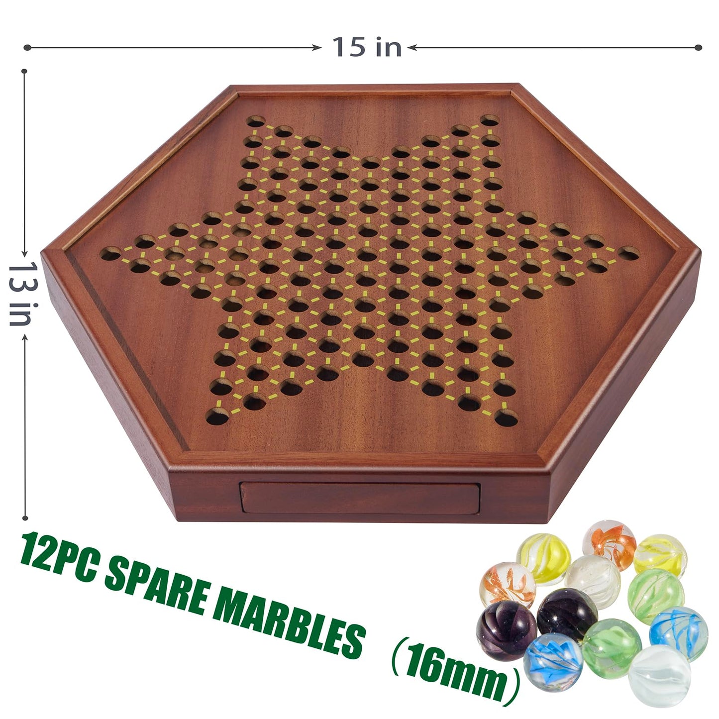 VAMSLOVE Chinese Checkers 15" Large Upgraded Version Wooden Game Board, 16mm 60+12 Colorful Glass Marbles, Easy Grasping for Adults and Kids