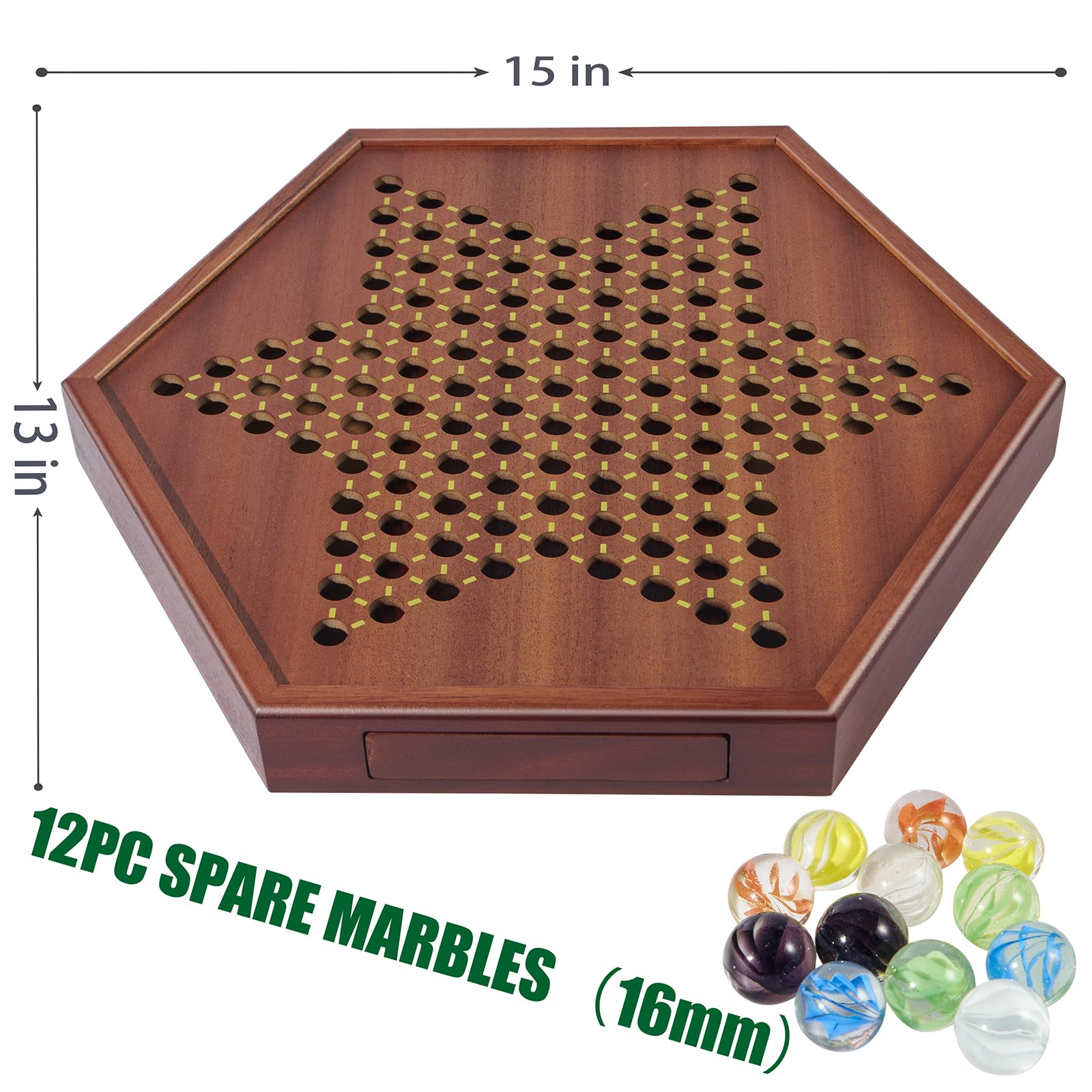 VAMSLOVE Chinese Checkers 15" Large Upgraded Version Wooden Game Board, 16mm 60+12 Colorful Glass Marbles, Easy Grasping for Adults and Kids