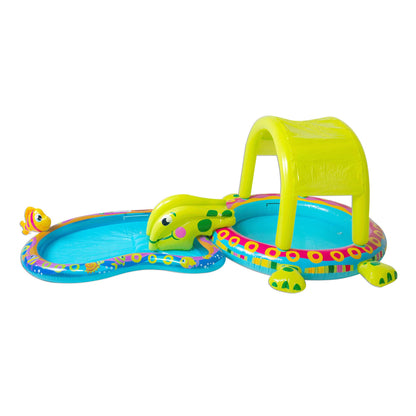 Banzai Shade 'N Slide Turtle Inflatable Outdoor Kiddie Splash Pool with Fish Sprinkler, Removable Canopy, and Mini Slide for Ages 3+