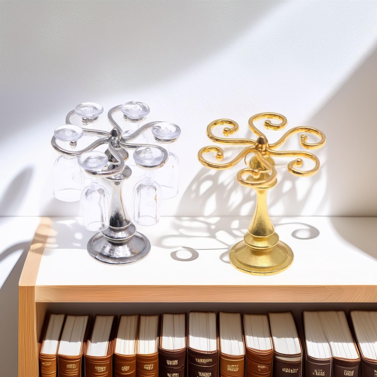 1:12 Scale Miniature Wine Glass Set with Metal Rack (Gold/Silver), 6 Clear Goblets, Elegant Dollhouse Dining Room & Bar Accessory for Collectors