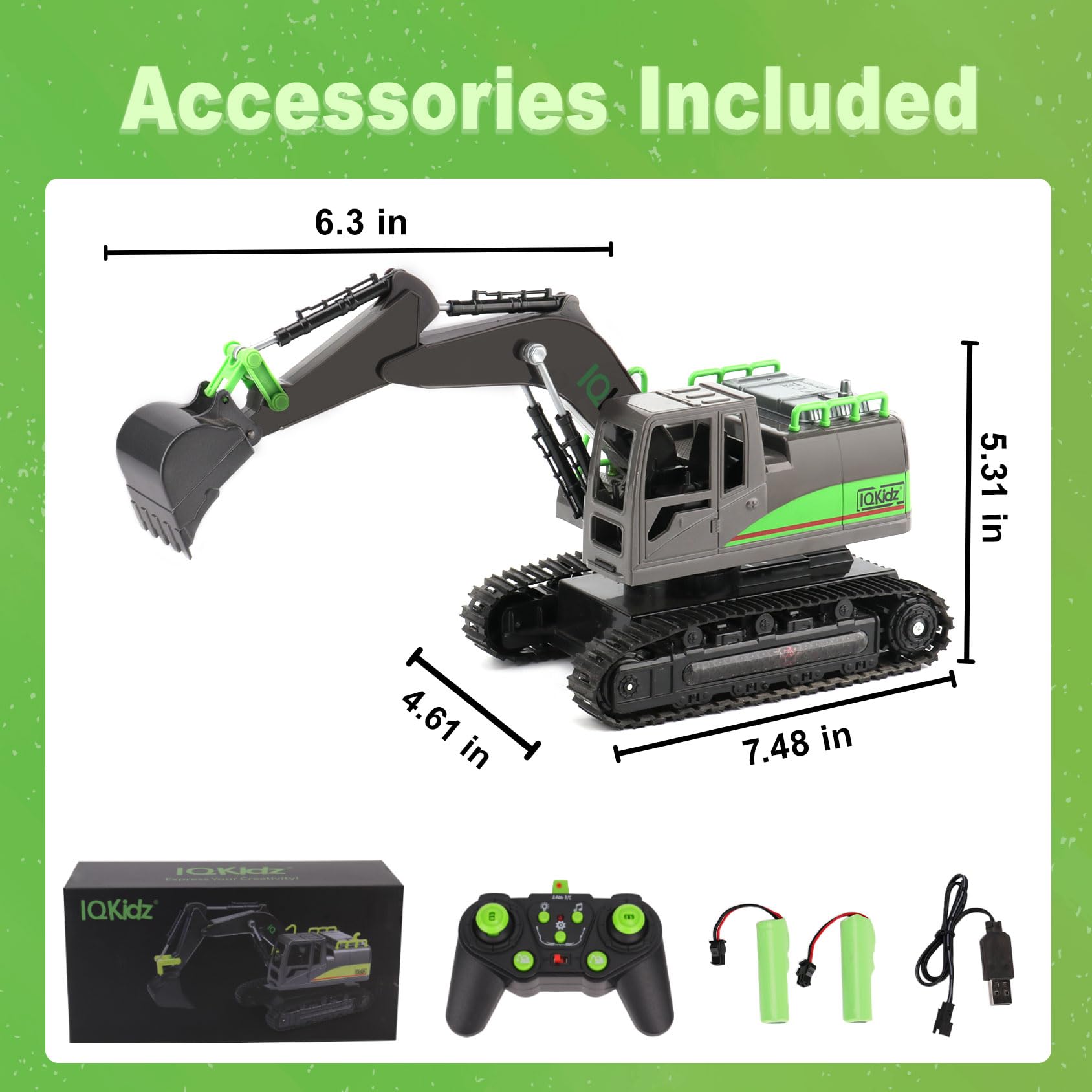 IQKidz Remote Control Excavator Toys for Boys 4-7 Yrs Old - Best Birthday Gift for Kids Age 3 5 8 9 10+, Metal Shovel Construction Vehicles with Light