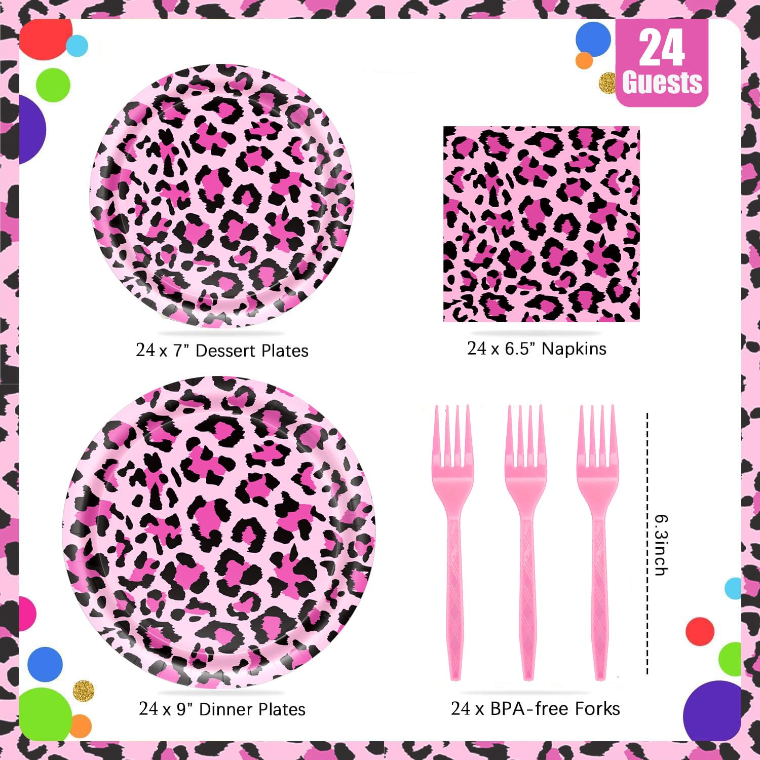 Cheetah Party Decorations Tableware Set, Serves 24 Guests - Cheetah Print Birthday Decorations includes Plates, Napkin, Forks, Leopard Print Party