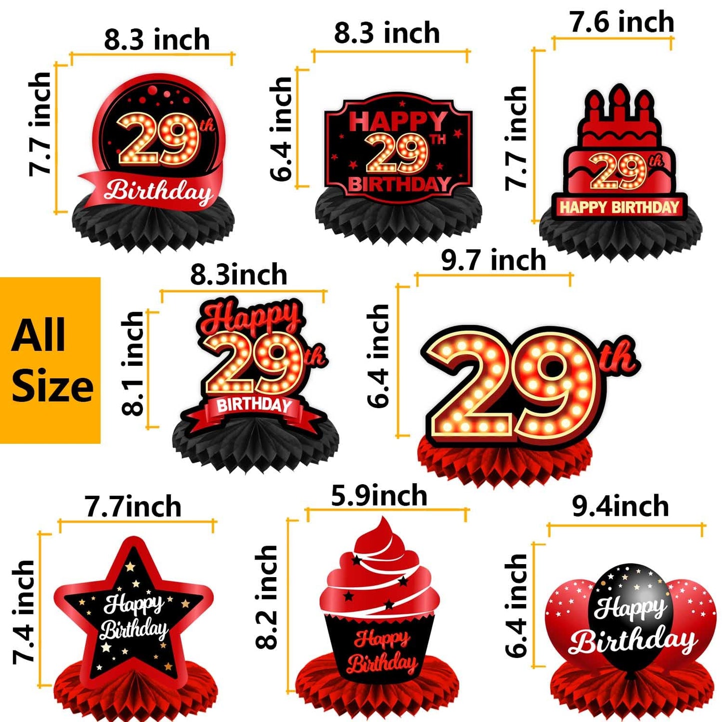 Happy 29th Birthday Red and Black Table Honeycomb Centerpieces Balloons Theme Decor Table Decorations Table Toppers for Girls Women Princess 29 Years