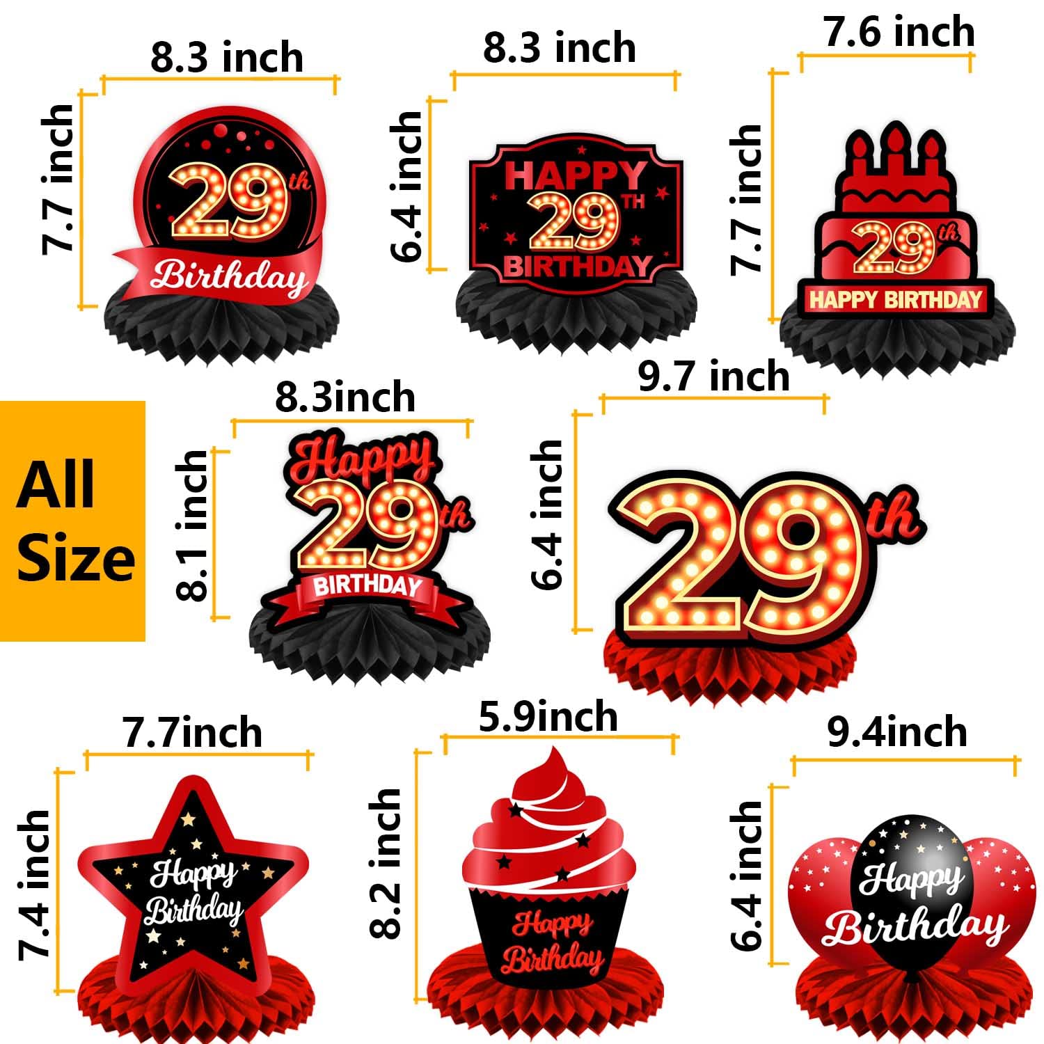 Happy 29th Birthday Red and Black Table Honeycomb Centerpieces Balloons Theme Decor Table Decorations Table Toppers for Girls Women Princess 29 Years