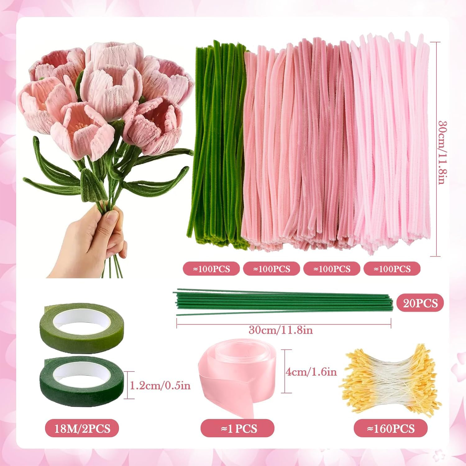 DVKKHD 400 Pcs Pink Pipe Cleaners Kit, 4 Colors Chenille Stems DIY Bouquet