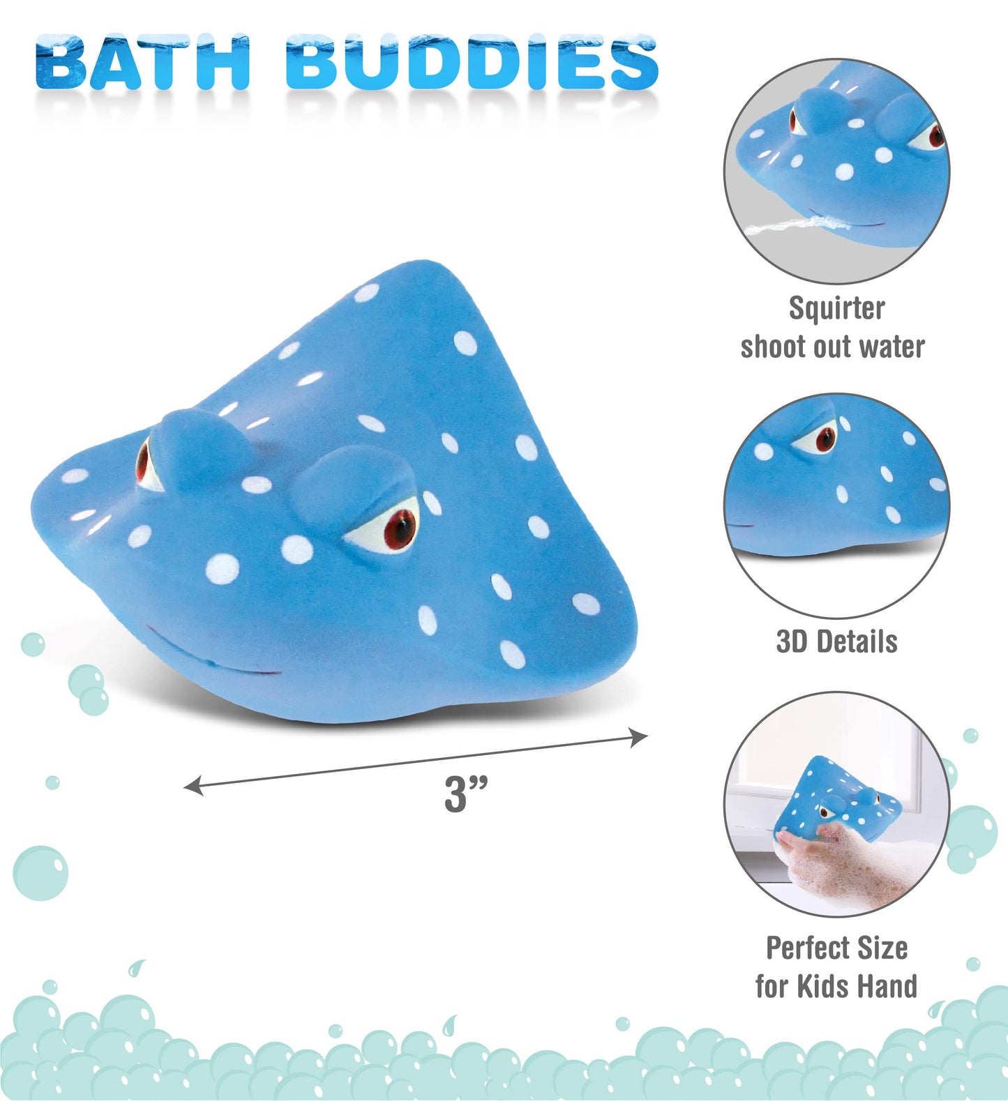 DolliBu Manta Ray Bath Buddy Squirter - Floating Blue Manta Ray Rubber Bath Toy, Fun Water Squirting Bathtime Play For Toddlers, Soft Sea Life Animal