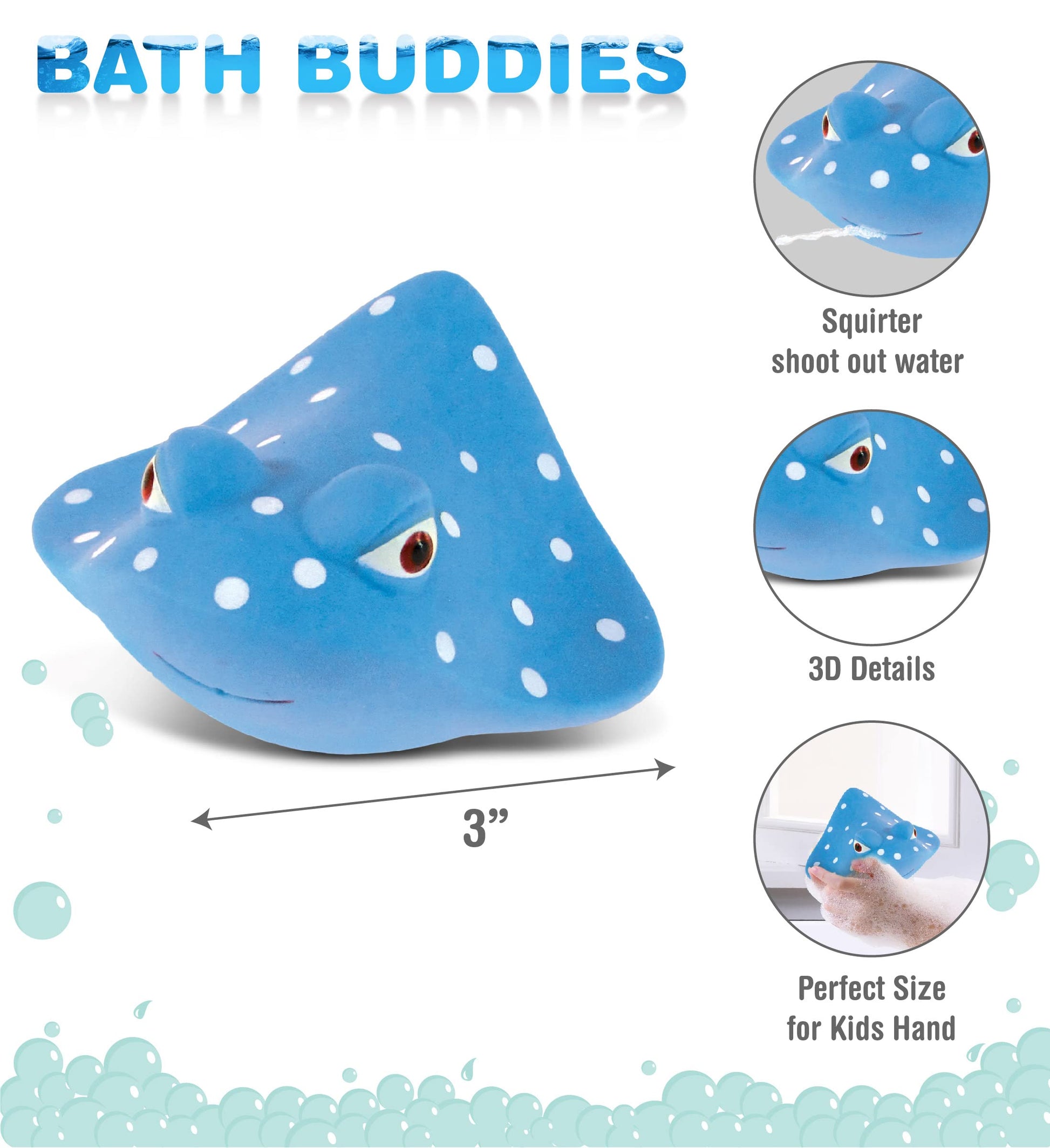 DolliBu Manta Ray Bath Buddy Squirter - Floating Blue Manta Ray Rubber Bath Toy, Fun Water Squirting Bathtime Play For Toddlers, Soft Sea Life Animal