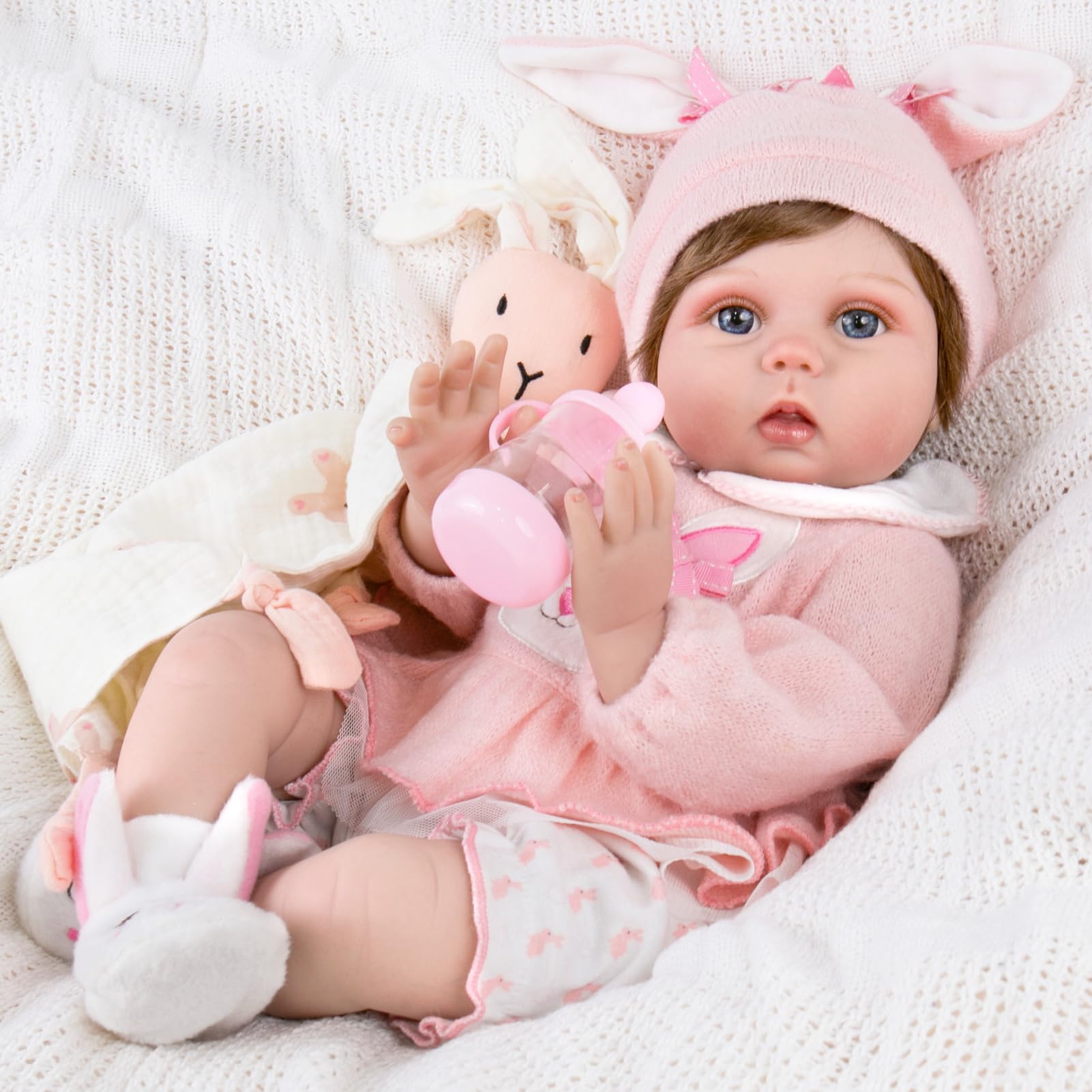 Aori Lifelike Reborn Baby Dolls - 22 Inch Realistic Newborn Baby Girl - Soft Vinyl Reborn Toddler with Feeding Set & Pink Outfit Real Life Baby Doll