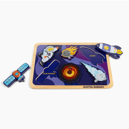 Celestial Buddies Journey into Space - Chunky Wooden Toddler Puzzle, 12x8 Inch Educational Space Puzzle for Early Science & Astronomy Exploration