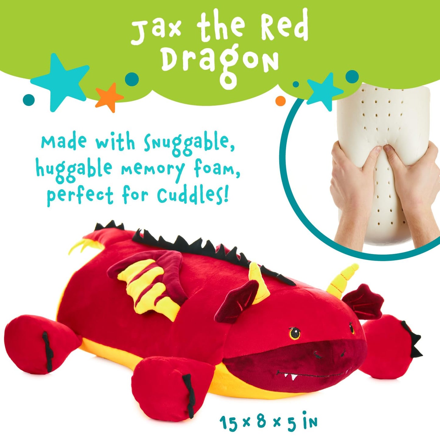 MEMORY MATES Jax the Red Dragon Memory Foam Pillow Plush with Kid's Diary that Stores in Belly Pocket, 15” Stuffed Animal, 6" Journal
