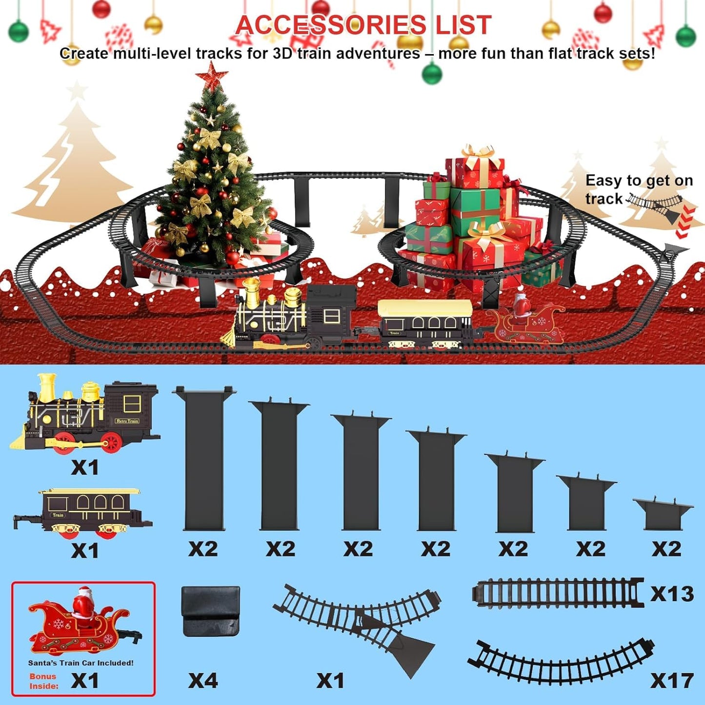 Electric Train Set with 3D Elevated Tracks Music, Locomotive Passenger Carriages, Lights & Quiet Mode Christmas Train for Kids Birthday Gift Holiday