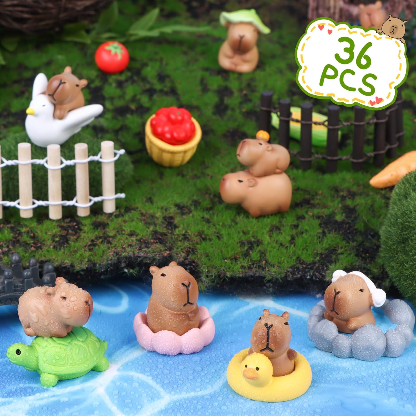 37Pcs Mini Capybara Figures Playset Simulation Capybara Model Toys Mini Resin Animals Miniature Garden Accessories for Car Dashboard Dollhouse Fairy