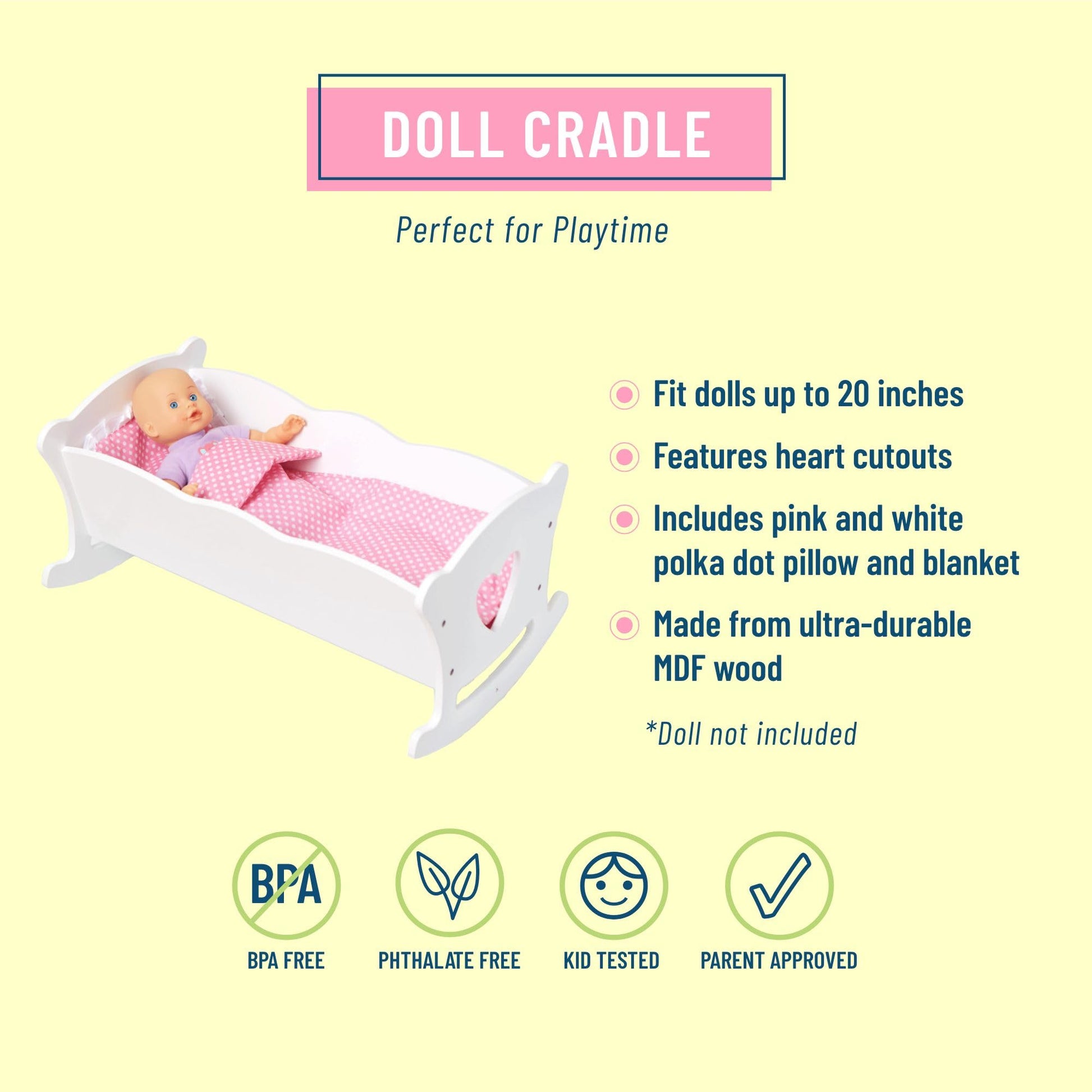 Wildkin Kids Wooden Doll Cradle - Baby Doll Rocking Cradle with Pillow & Blanket, Fits Dolls Up to 20 Inches - White