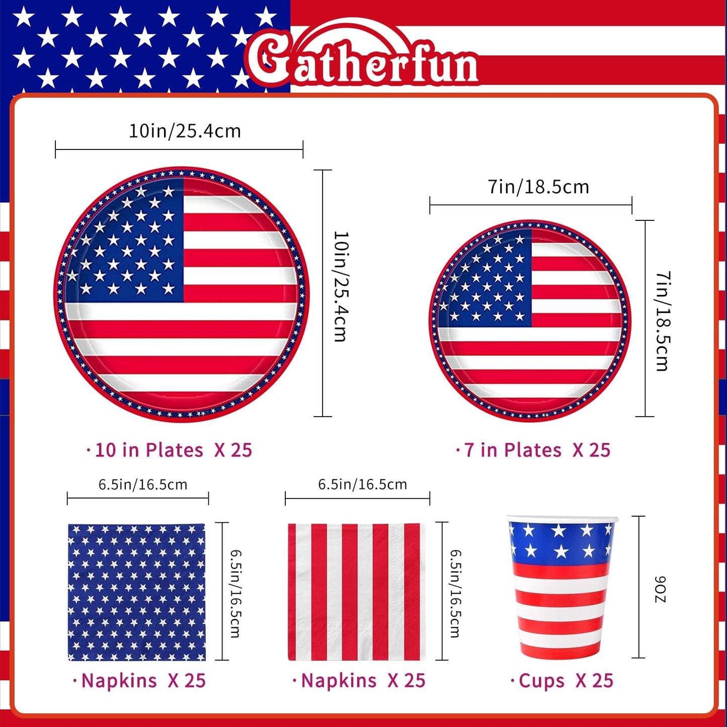 Gatherfun American Flag Patriotic Party Supplies Disposable Napkins Paper Plates and Paper Cups for Veterans Day Election Day 4th of July Independence