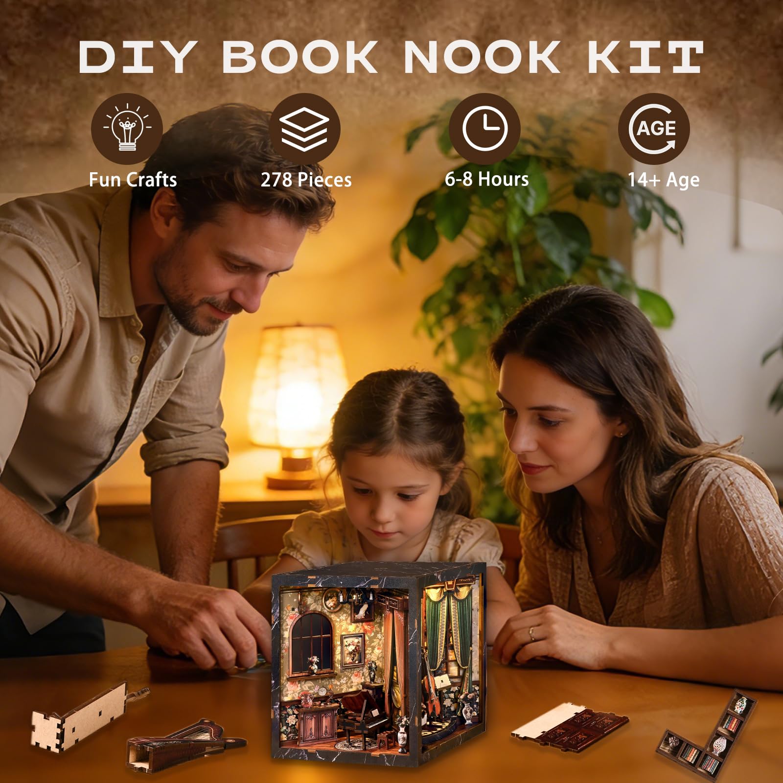 Book Nook Kit for Adults, DIY 3D Wooden Puzzle Booknook Kit with LED Sensor Light, Four Sides DIY Book Nook Kit, Crafts Bookshelf Decoration Gift