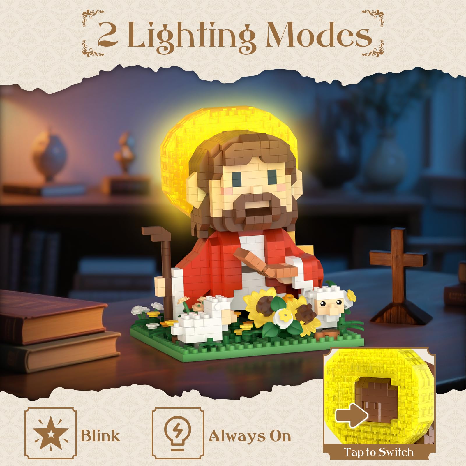 Vziimo Jesus and Flowers Building Set, Little Jesus Figurines with Sunflower, Sheep & LED Halo, Christian Toys Gifts for Adults, Teens Age 14+ (689