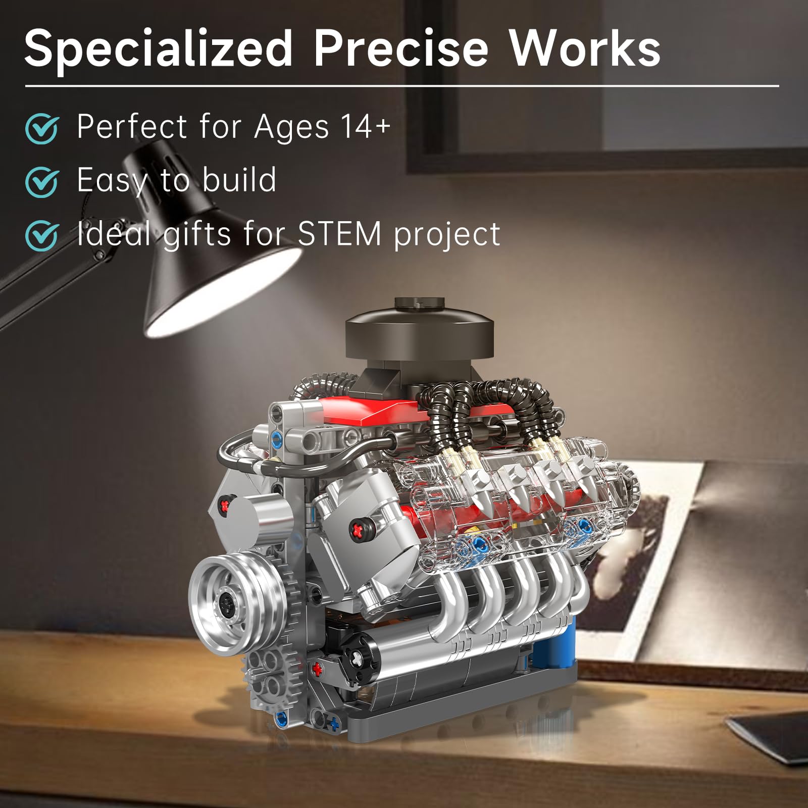Mould King 10171 V8 Engine Building Blocks Sets, V8 Engine Model kit That Run, Build Your Own STEM Model Engine, 8-Cylinder Car Engine Building