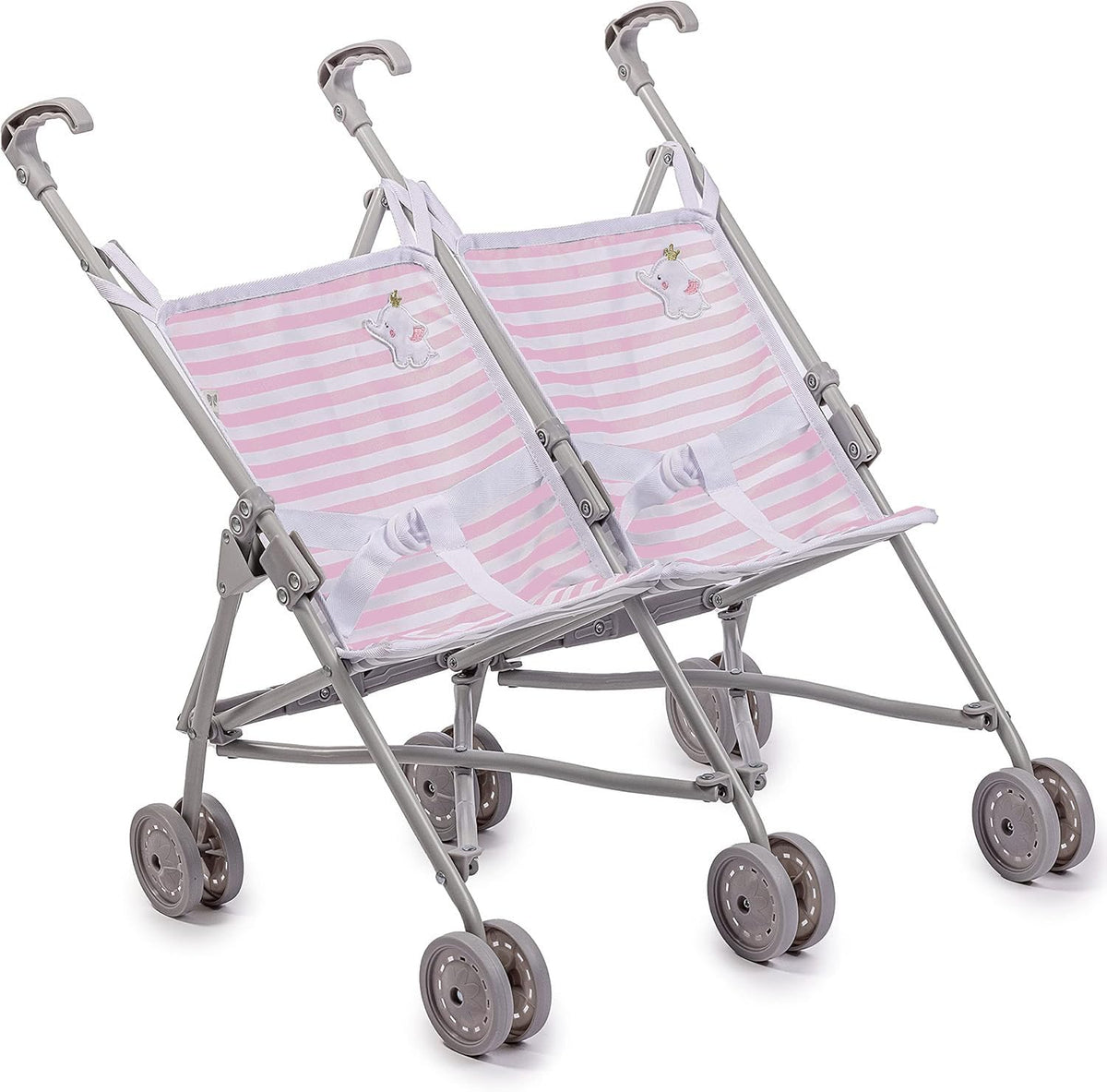 JC Toys Boutique | Twin Folding Umbrella Doll Stroller for Children 2 Years Plus, Pink Stripes and Soft Embroidery | Sturdy Metal Frame | Pretend Play