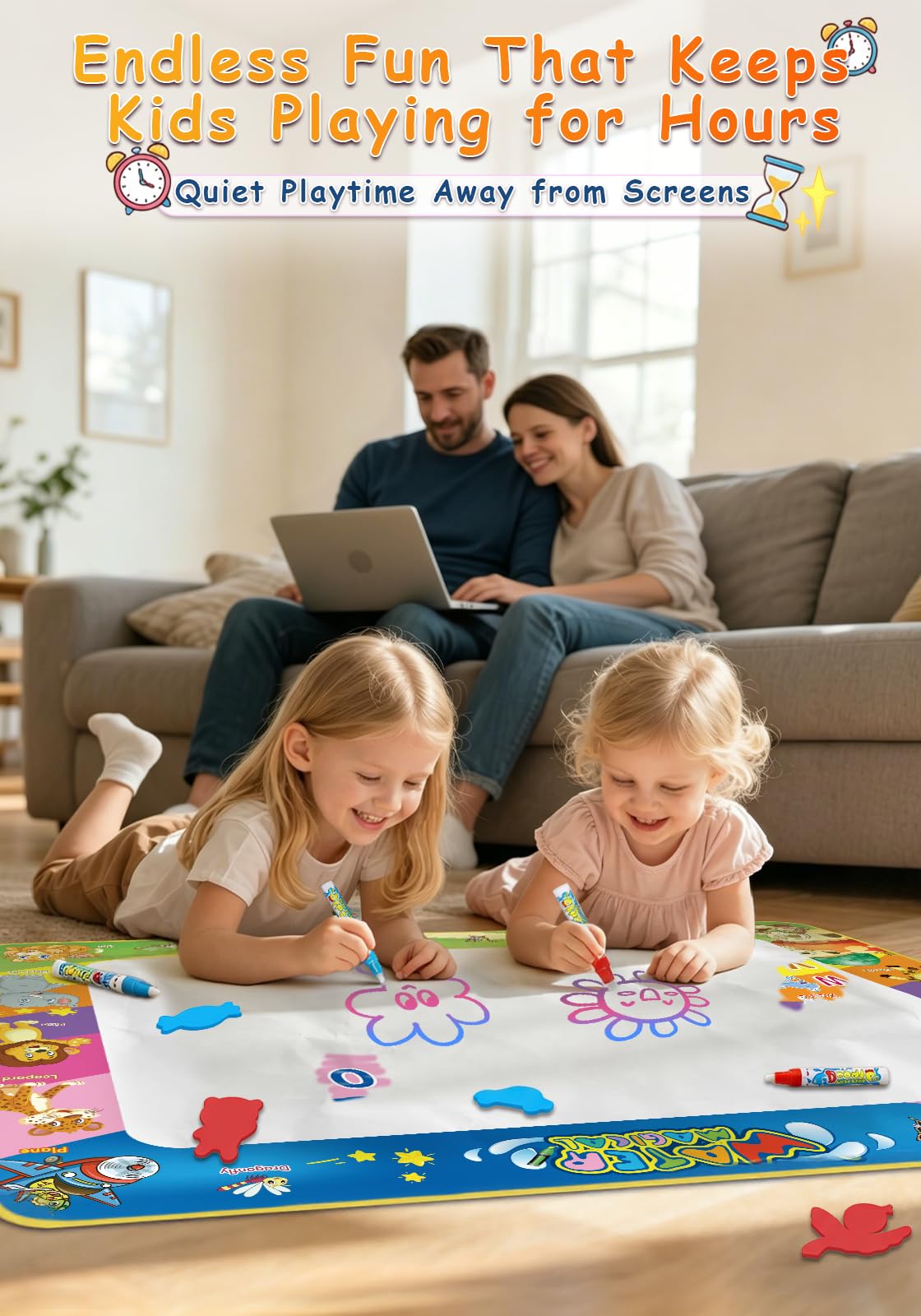 Wedopro Water Doodle Mat 40x30 - Mess-Free Toddler Toys for Ages 3-7 with 27 Pcs | Reusable Water Reveal Educational Drawing Mat for Kids with 24 ABC