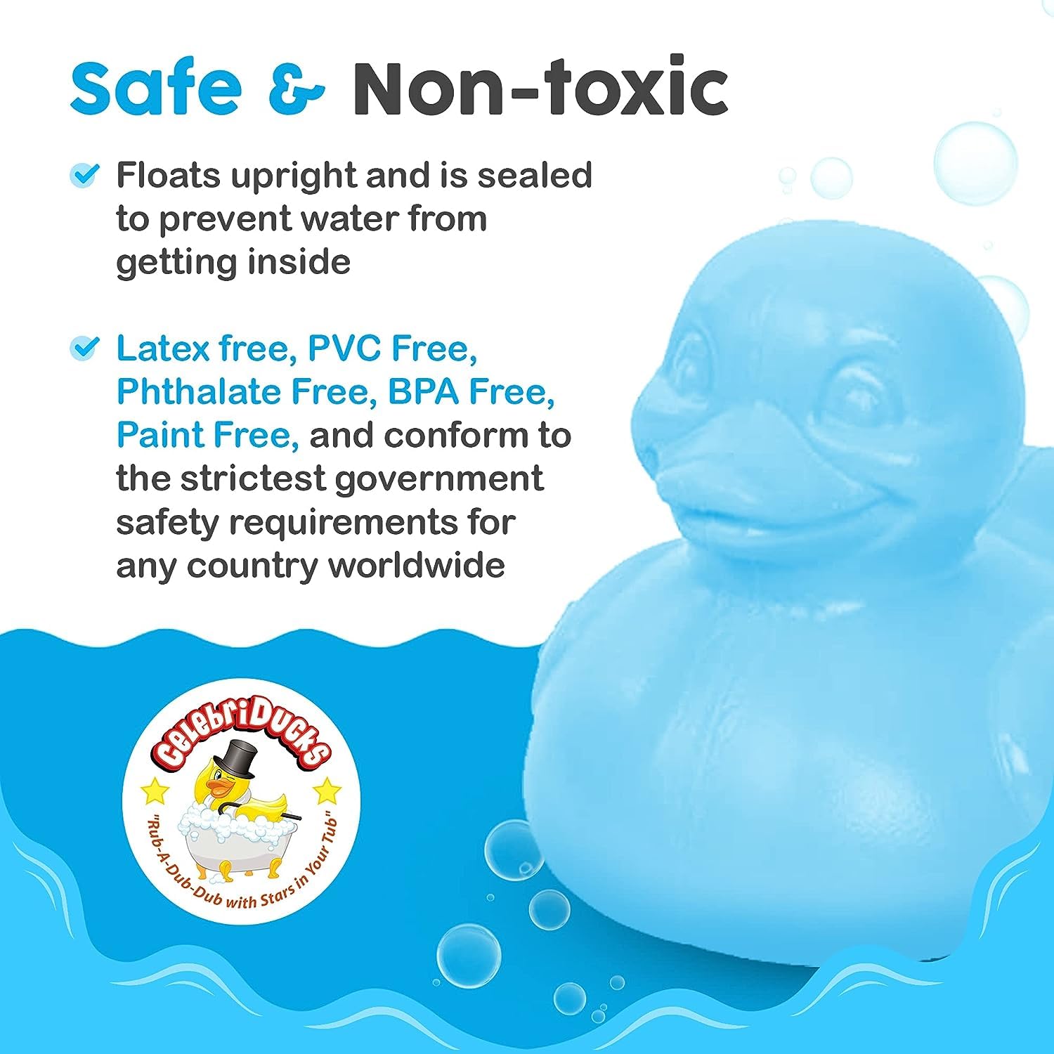 Celebriducks The Good Duck - BPA & PVC Free Rubber Duckie Baby Bath Toy Teether - Baby Blue