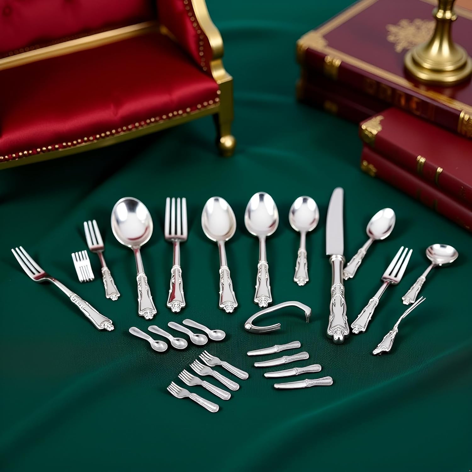 12-Piece 1/12 Scale Silver Miniature Cutlery Set - Stainless Steel Dollhouse Accessories for Cupcake Decorations and Model Displays (0.8" Tiny