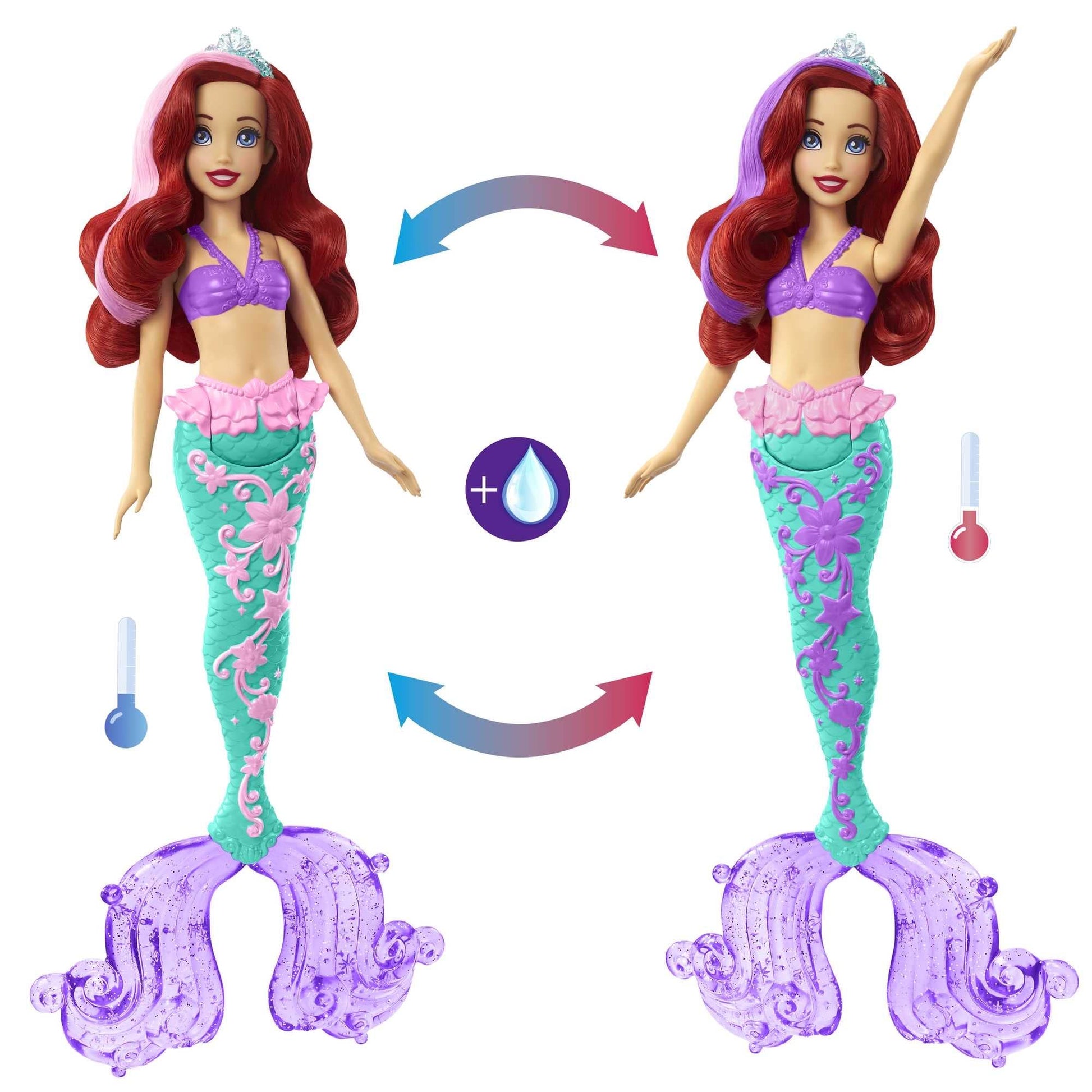 Mattel Disney Princess Ariel The Mermaid Doll, Mermaid Toy, Tail Fin Changed by Water Colour, Disney Gifts, Toy from 3 Years, HLW00