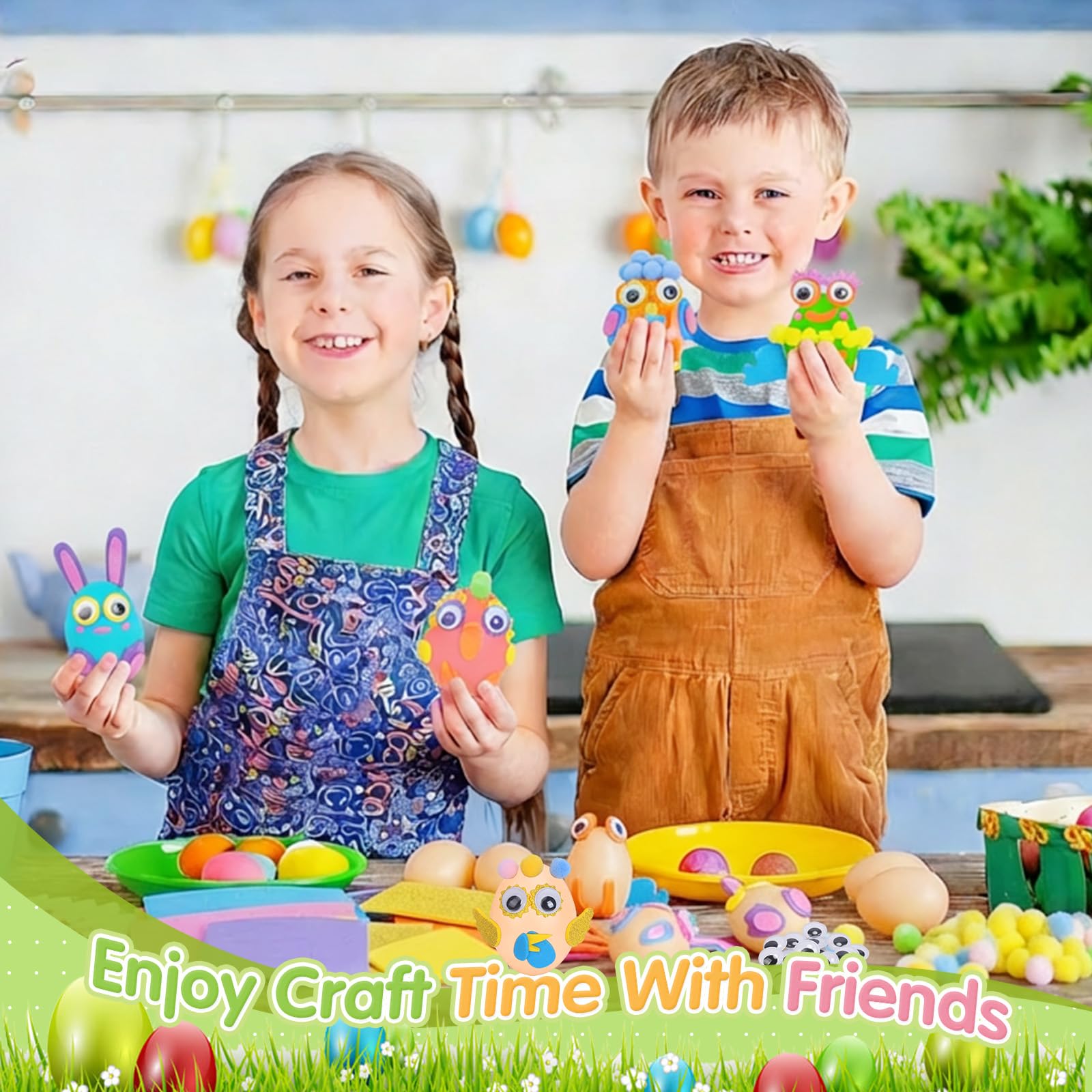 Fennoral 12 Pack Easter Egg Craft Kit for Kids Make You Own Easter Art and Craft Kit DIY Coloring Plastic Egg with Foam Sticker Pom Poms Color Pen