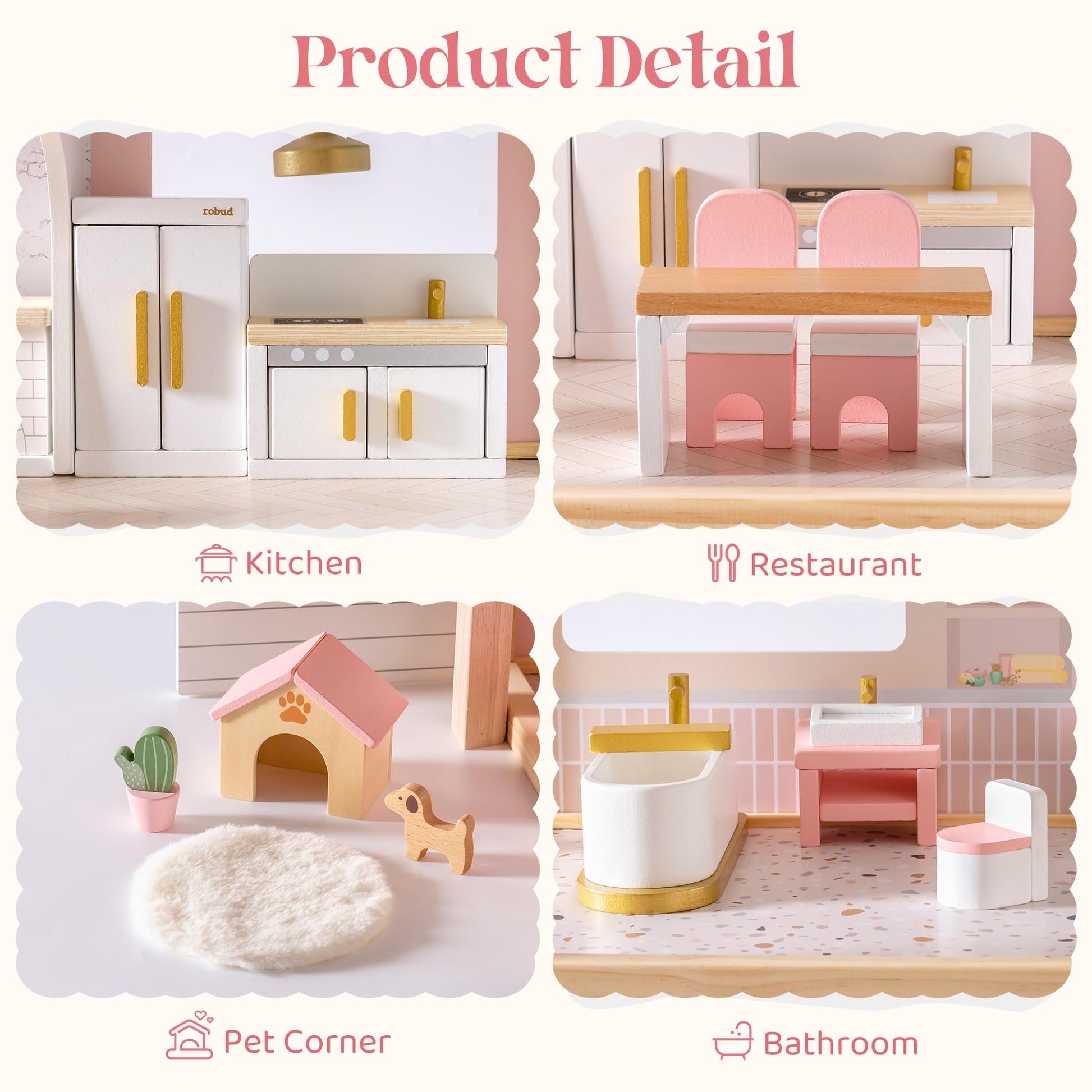 ROBUD Wooden Dollhouse Furniture Set, 28 Pcs Doll House Accessories, Miniature Furniture Including 6 Room Kits, Pretend Play Toys, Gift for Boys
