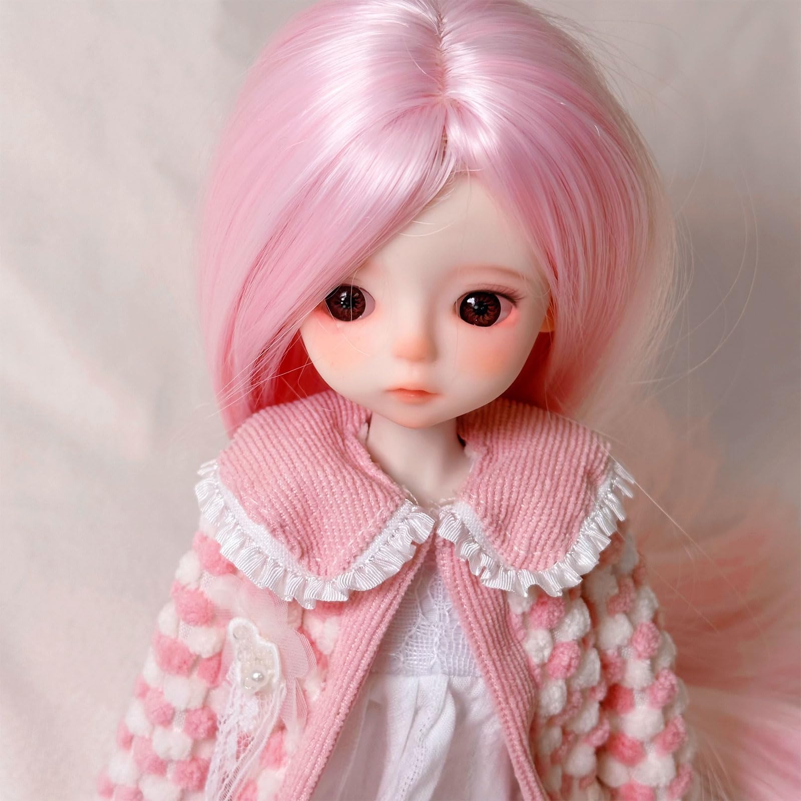KEYCHARM LINARA 1/6 BJD Doll 12" Ball Jointed Doll with Pink Fluffy Coat, White Dress & Canvas Shoes - Cute Makeup, Vertical Pink Wig - Collectible