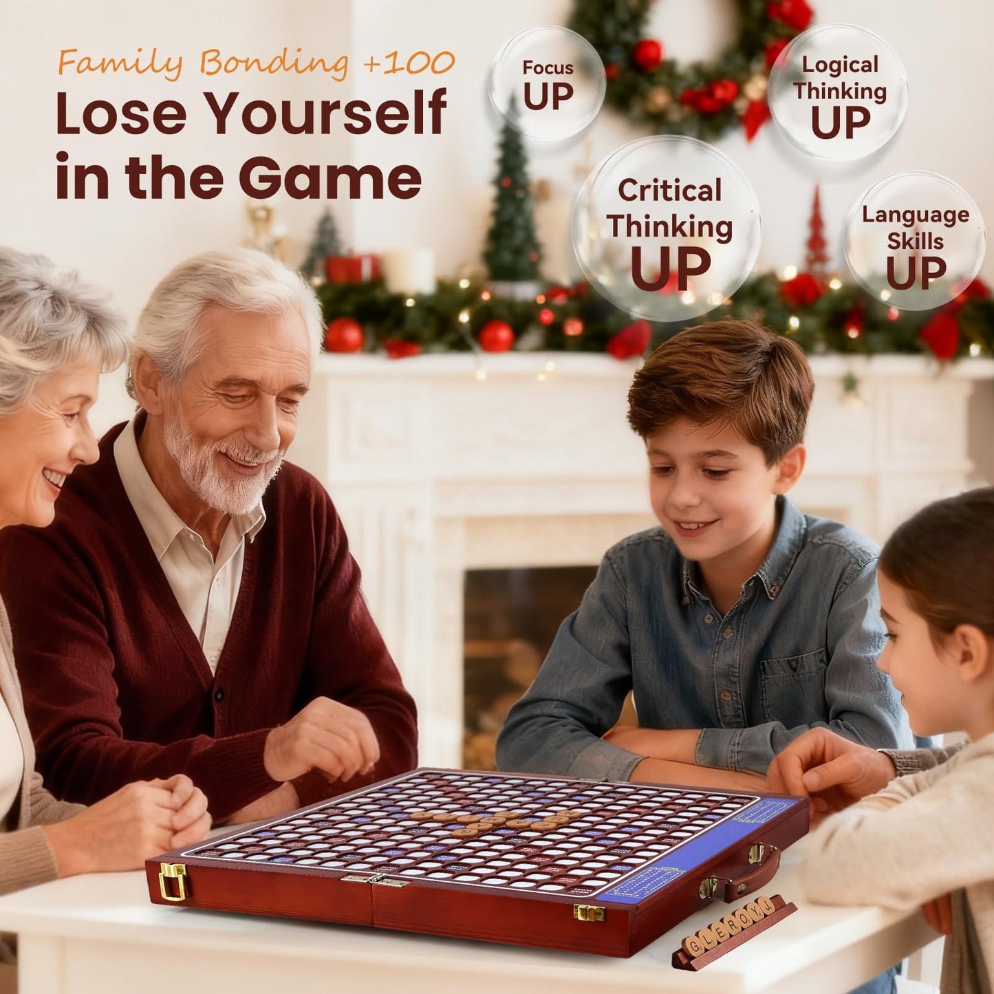 Deluxe Wooden Crossword Board Game with Rotating Board, Foldable & Portable Design, Large-Sized Board, Built-in Storage, for 2-4 Players, Includes