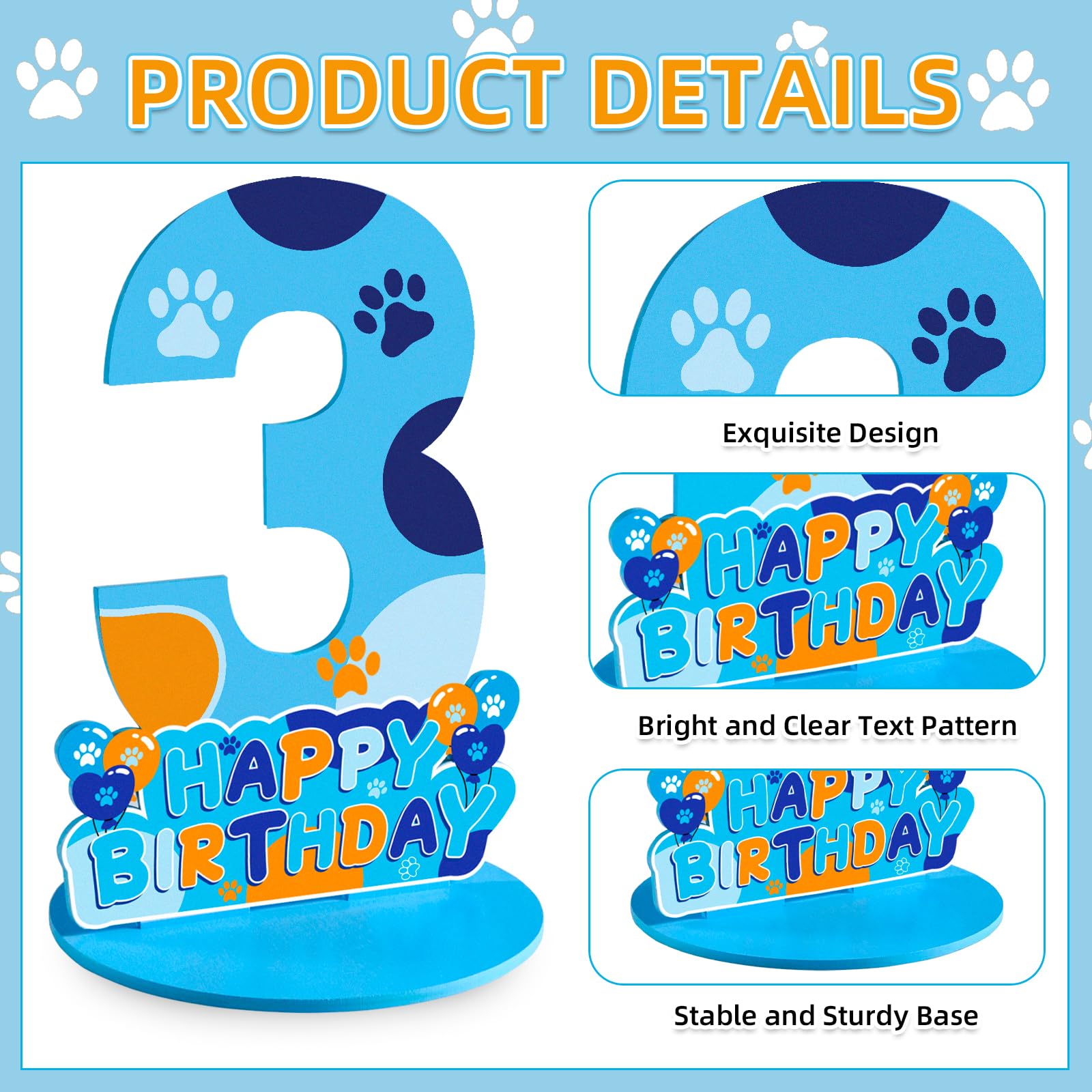 Dog Paw Birthday Party Decorations, Dog Paw Birthday Number Sign Centerpiece, 3rd Table Topper Wooden Centerpiece for Dog Theme 3rd Birthday Supplies