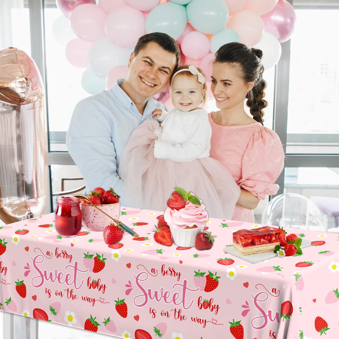 Strawberry Baby Shower Decorations Tablecloth, 3Pcs A Berry Sweet Baby is on The Way Decorations Strawberry Tablecloth, Sweet Baby Table Cover