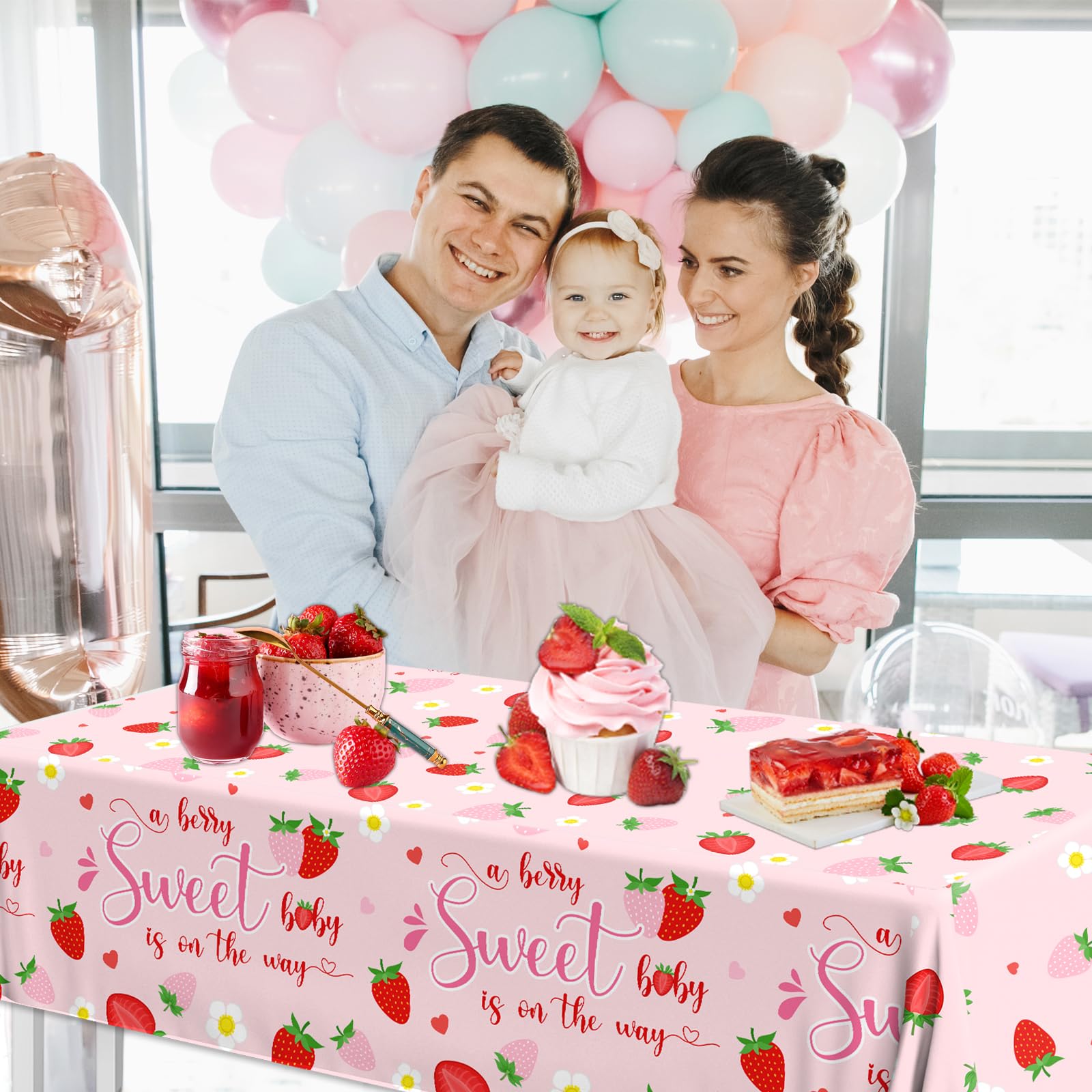Strawberry Baby Shower Decorations Tablecloth, 3Pcs A Berry Sweet Baby is on The Way Decorations Strawberry Tablecloth, Sweet Baby Table Cover
