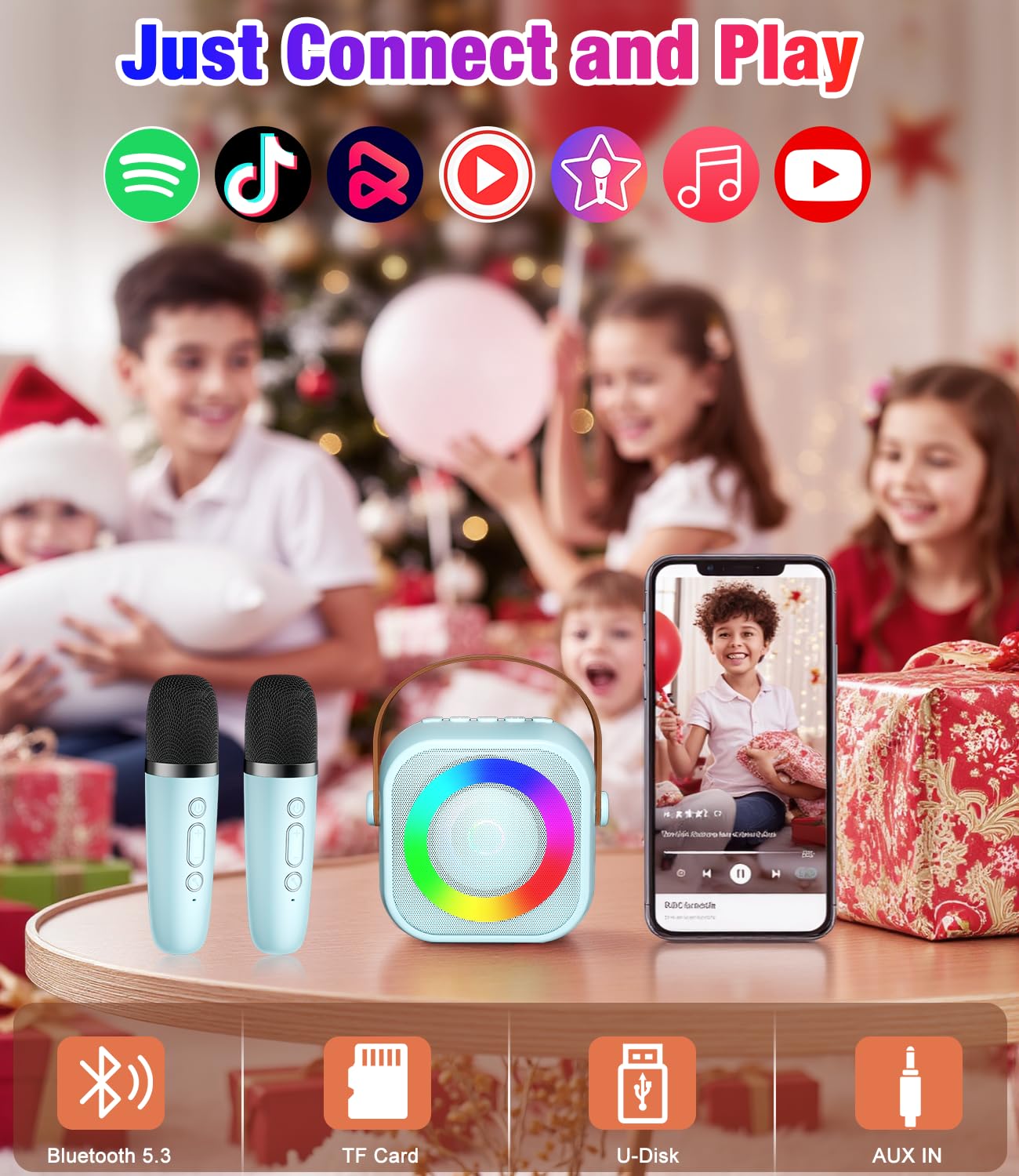 Mini Karaoke Machine, Portable Bluetooth Speaker with 2 Wireless Microphones for Kids & Adults, Karaoke Microphone with LED Lights, Gifts for Girls &