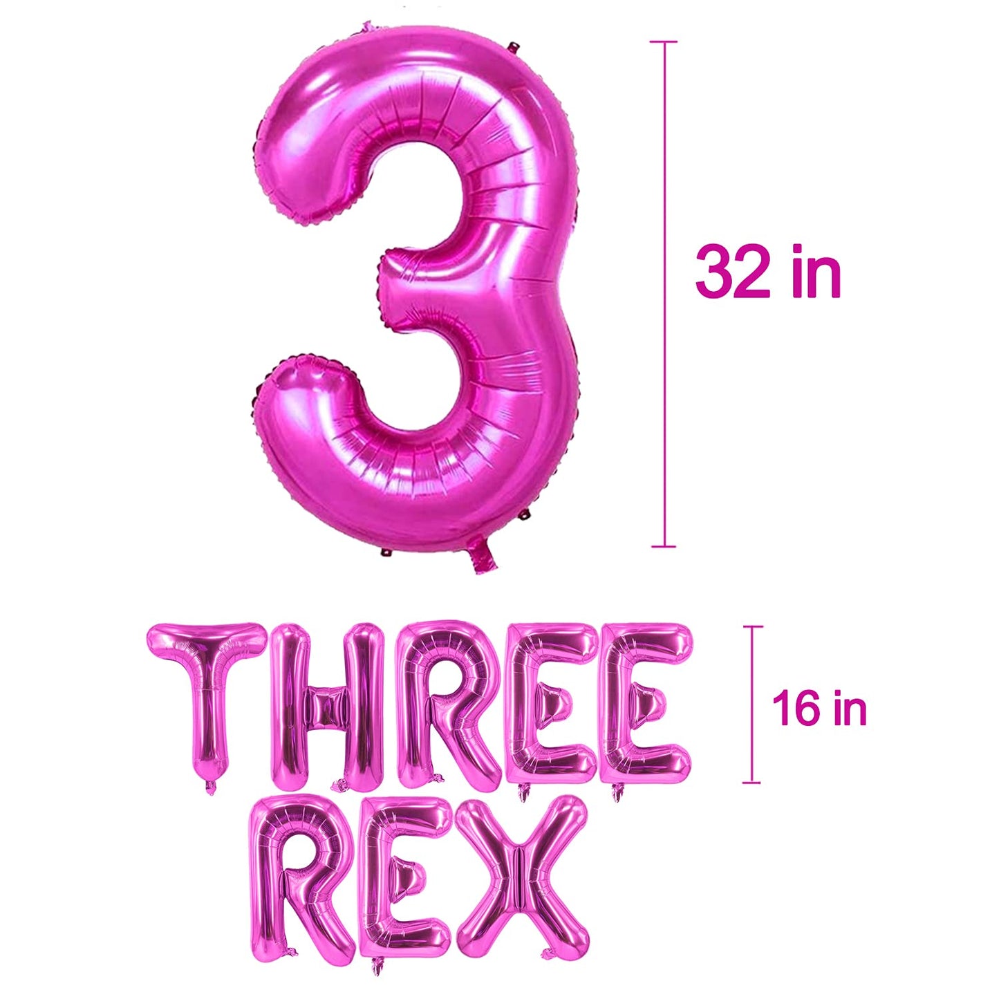 Baby Girl Hot Pink Dinosaur Themed Balloons Three Rex Birthday 4D Dino balloon Party Decorations Dinosaur 3rd Birthday Balloons Party Supplies